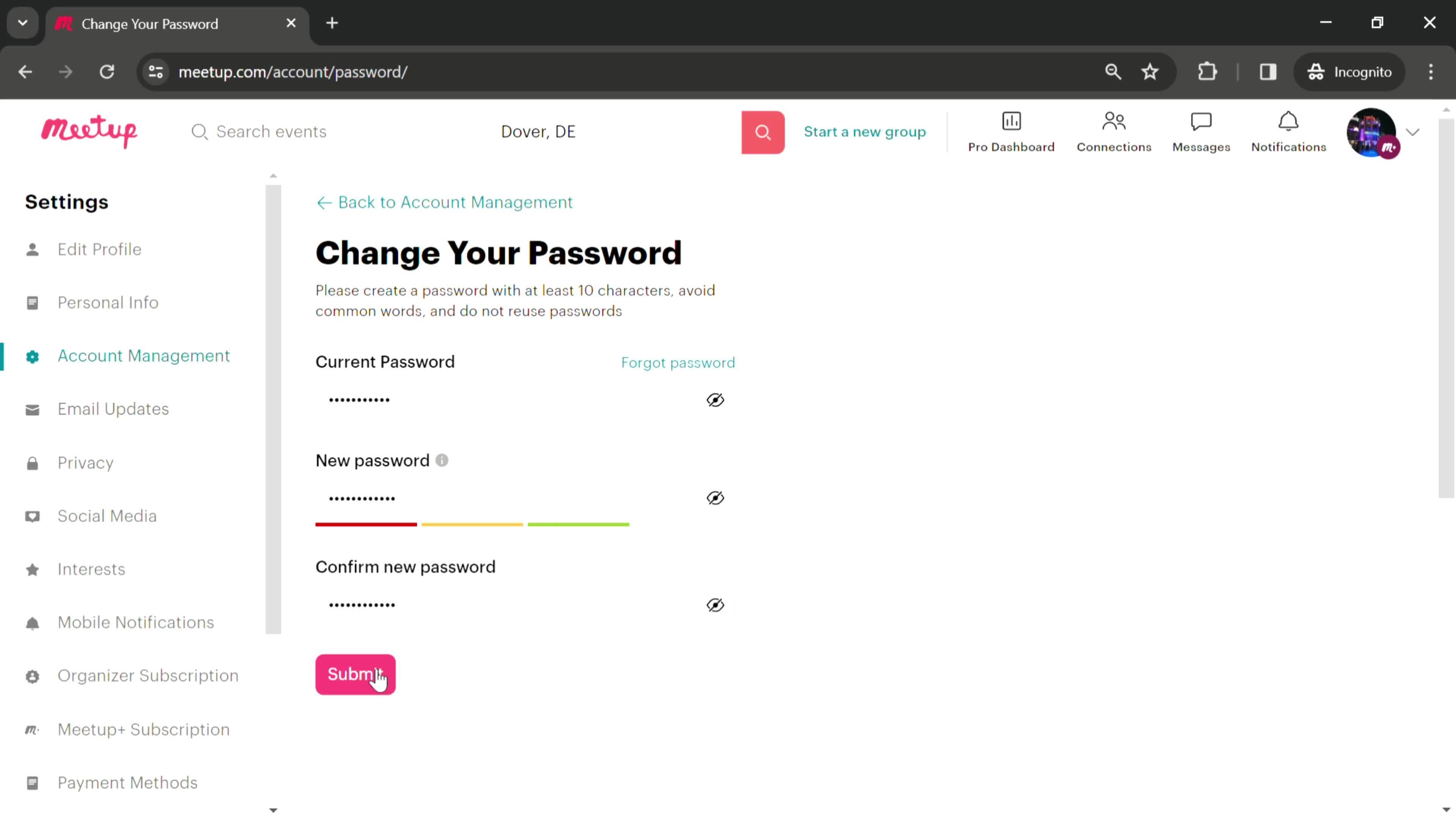 Changing password screenshot