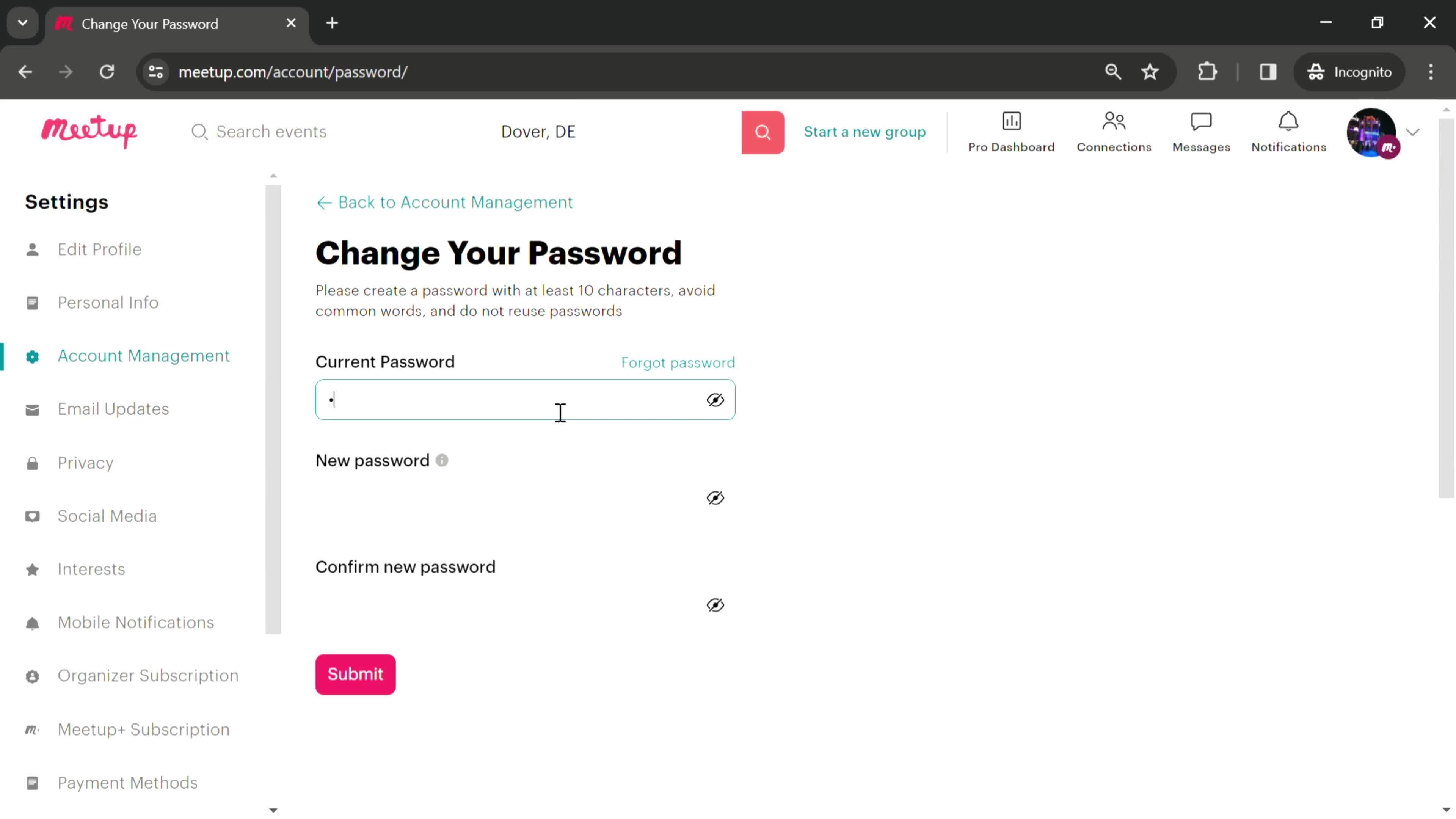 Changing password screenshot