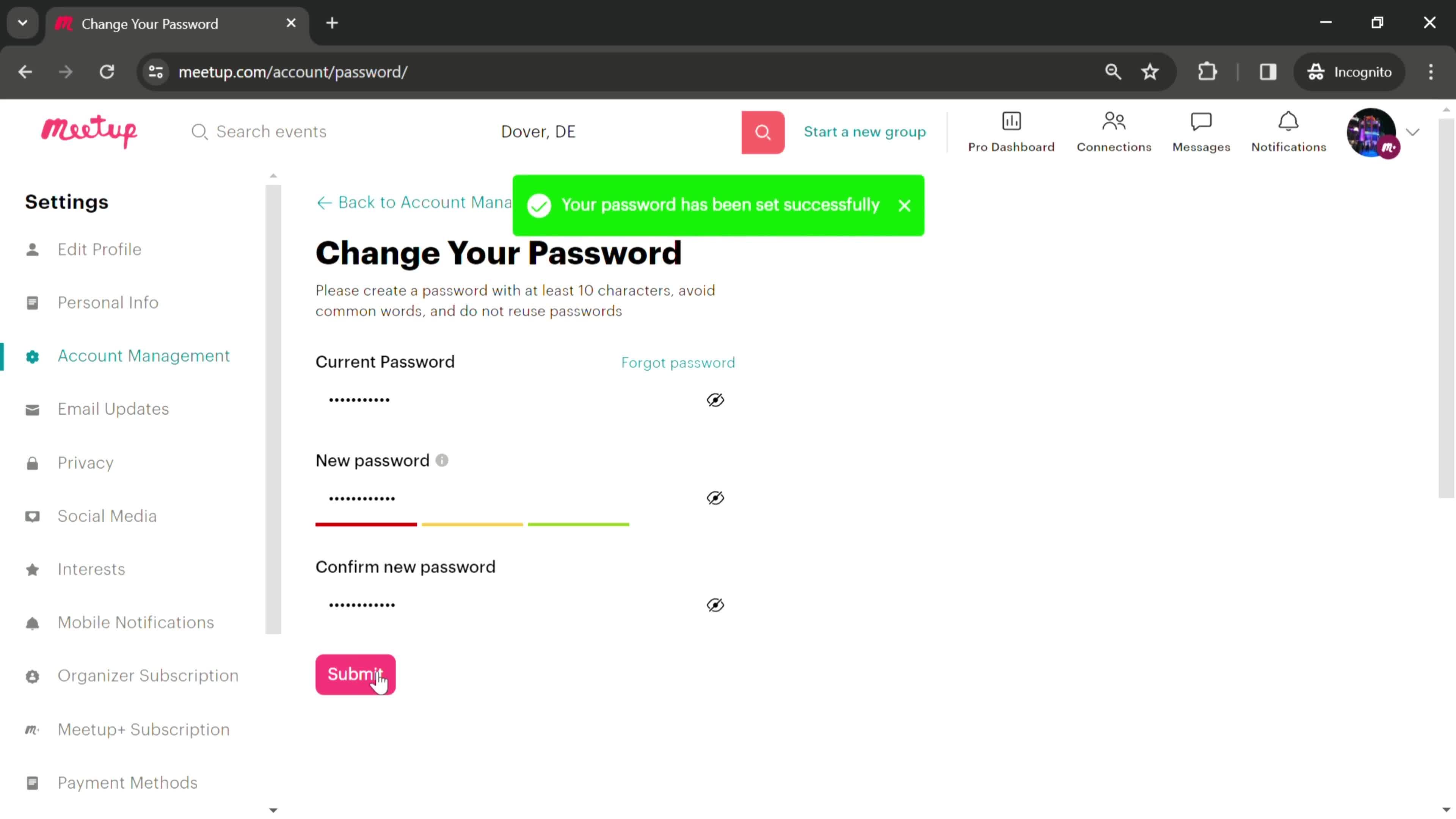 Changing password screenshot