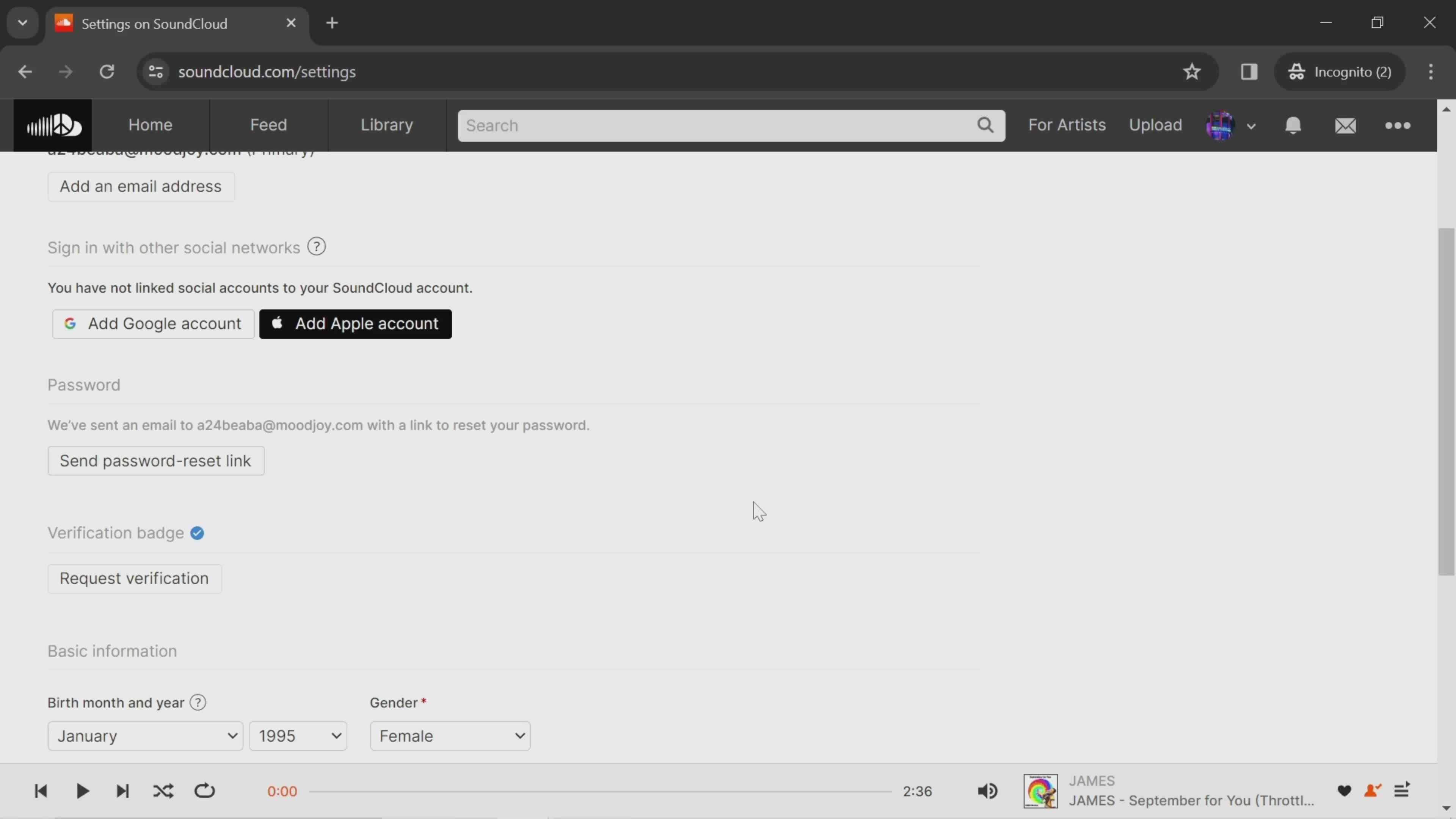 Changing password on SoundCloud video thumbnail