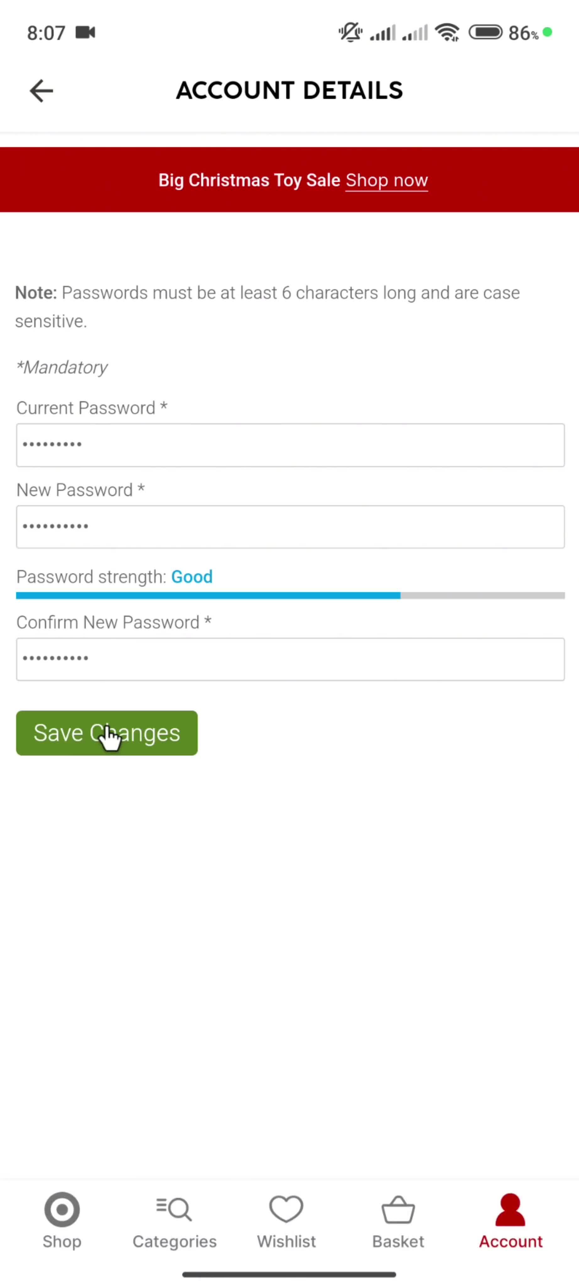 Changing password screenshot