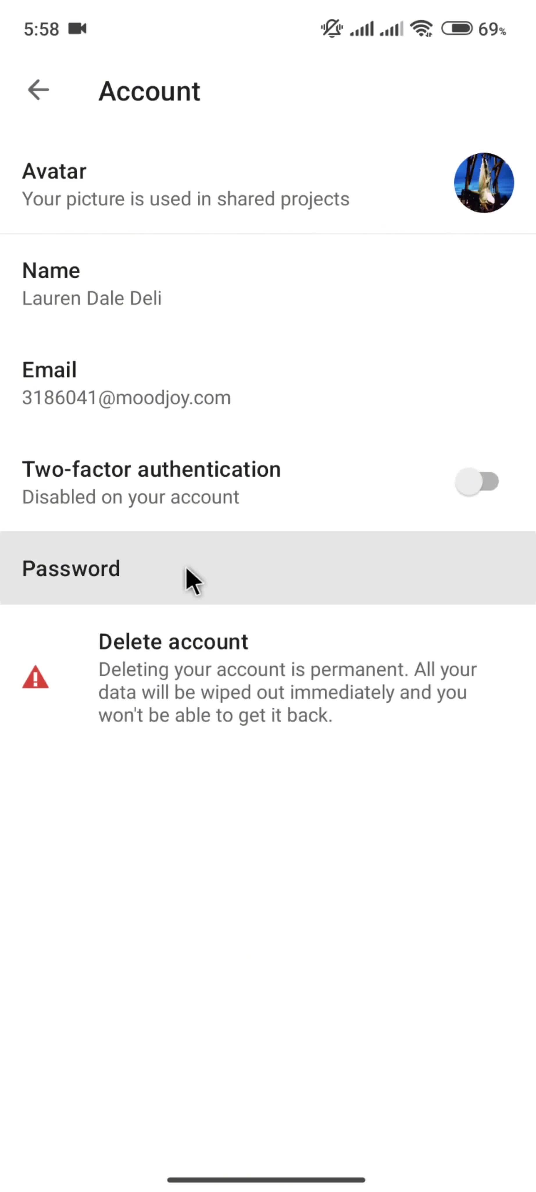 Changing password screenshot