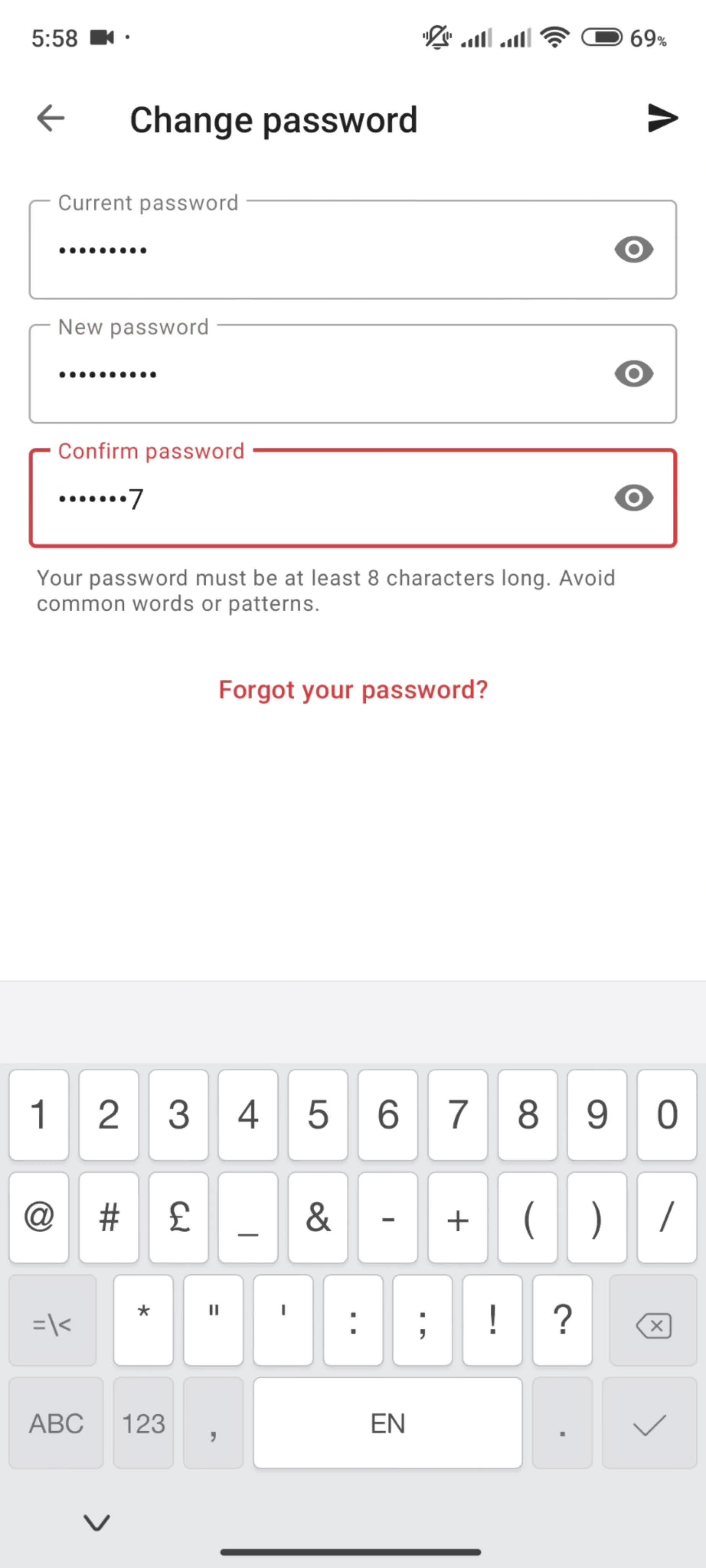 Changing password screenshot