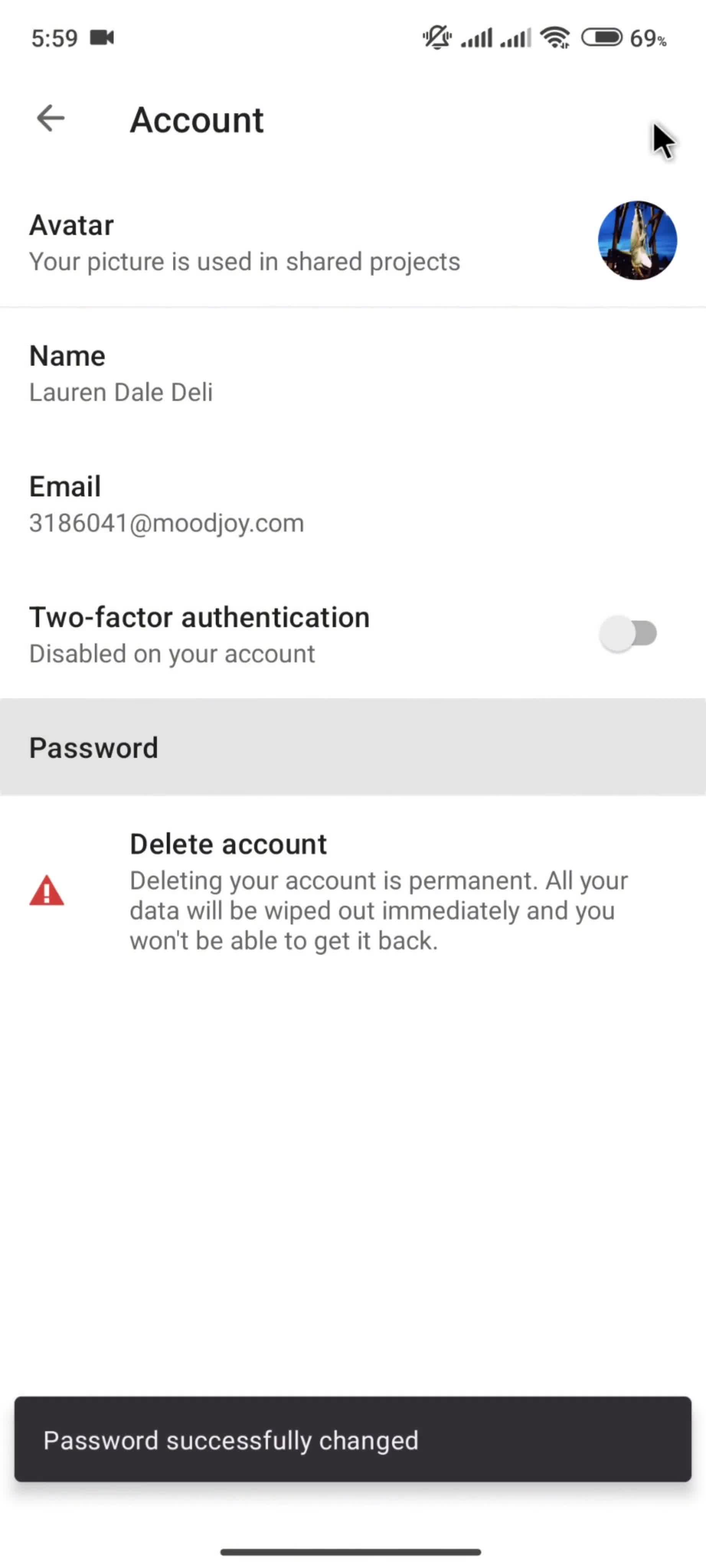 Changing password screenshot