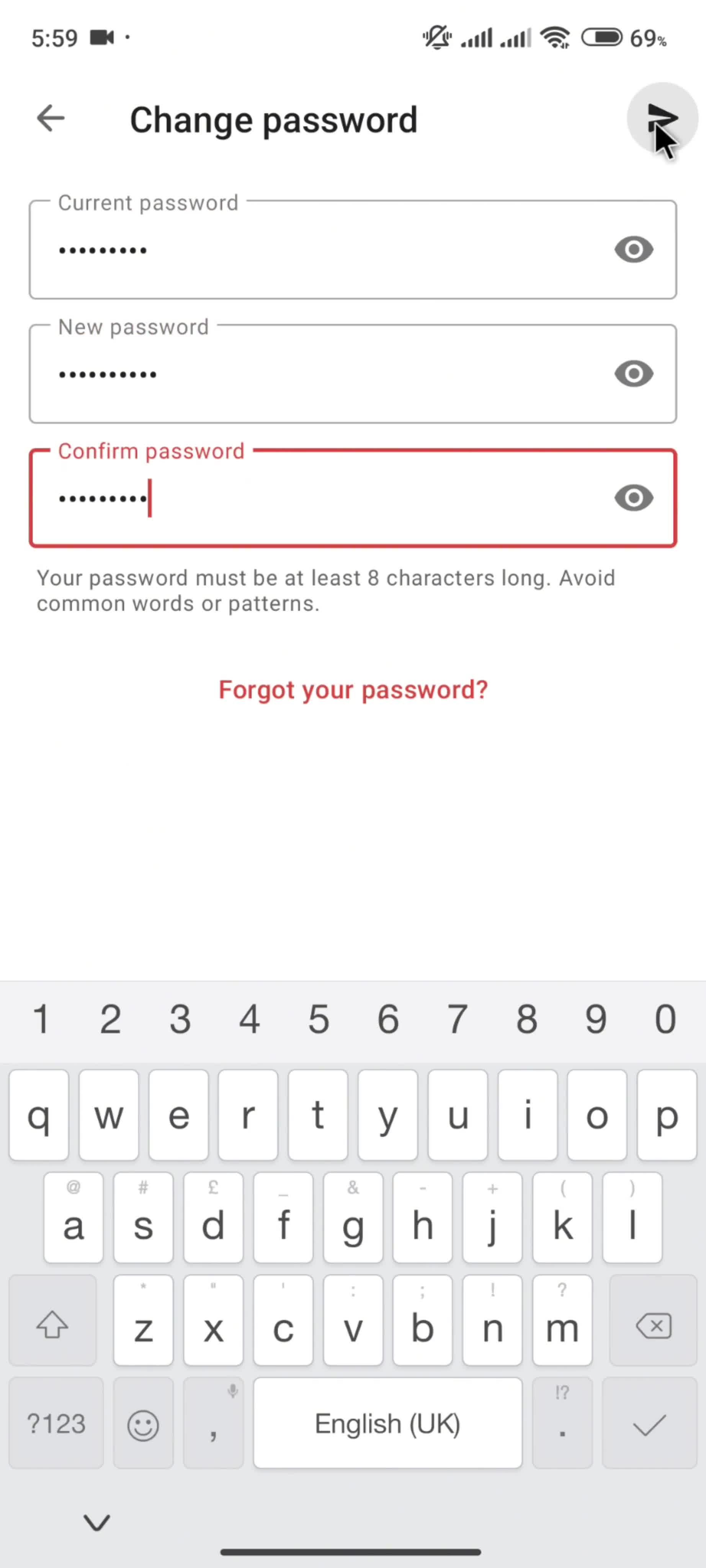 Changing password screenshot