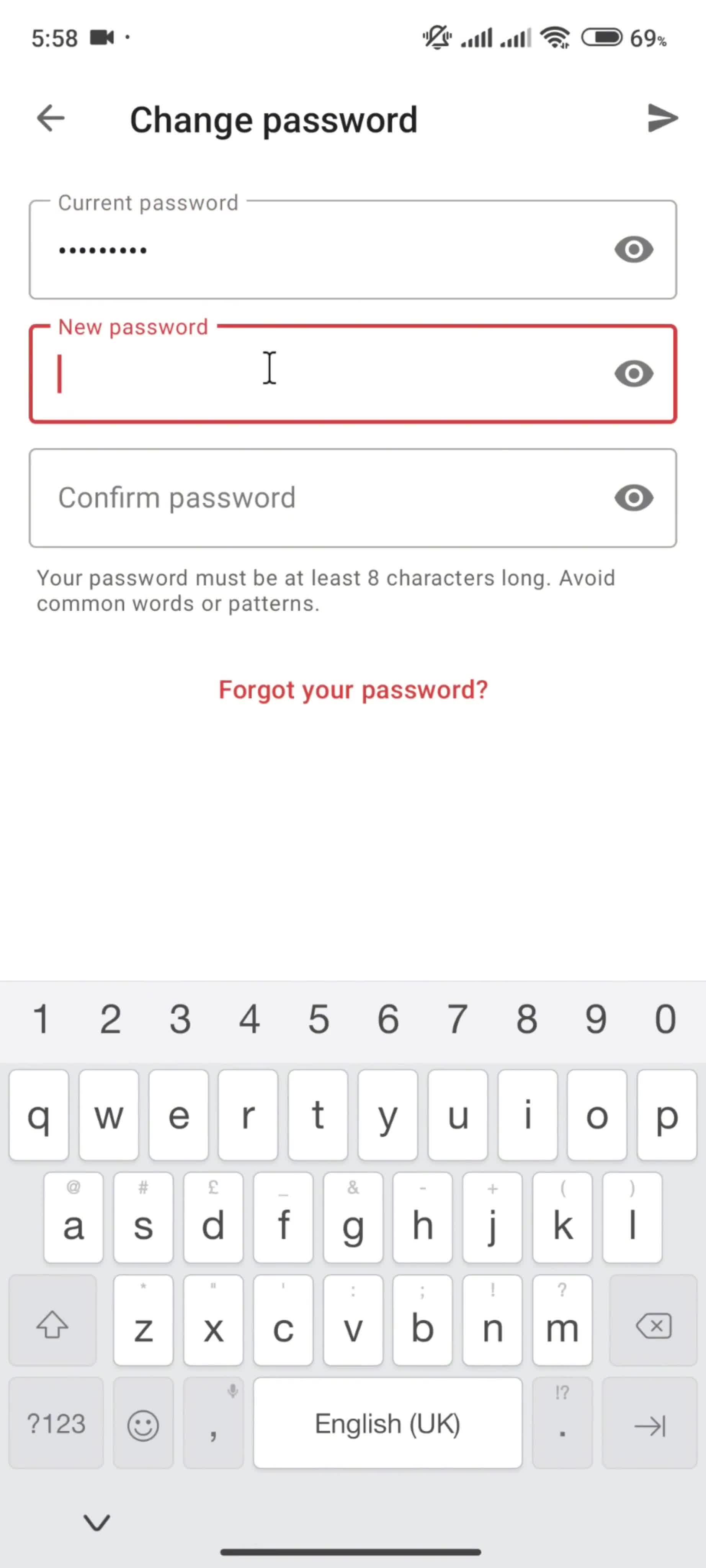 Changing password screenshot