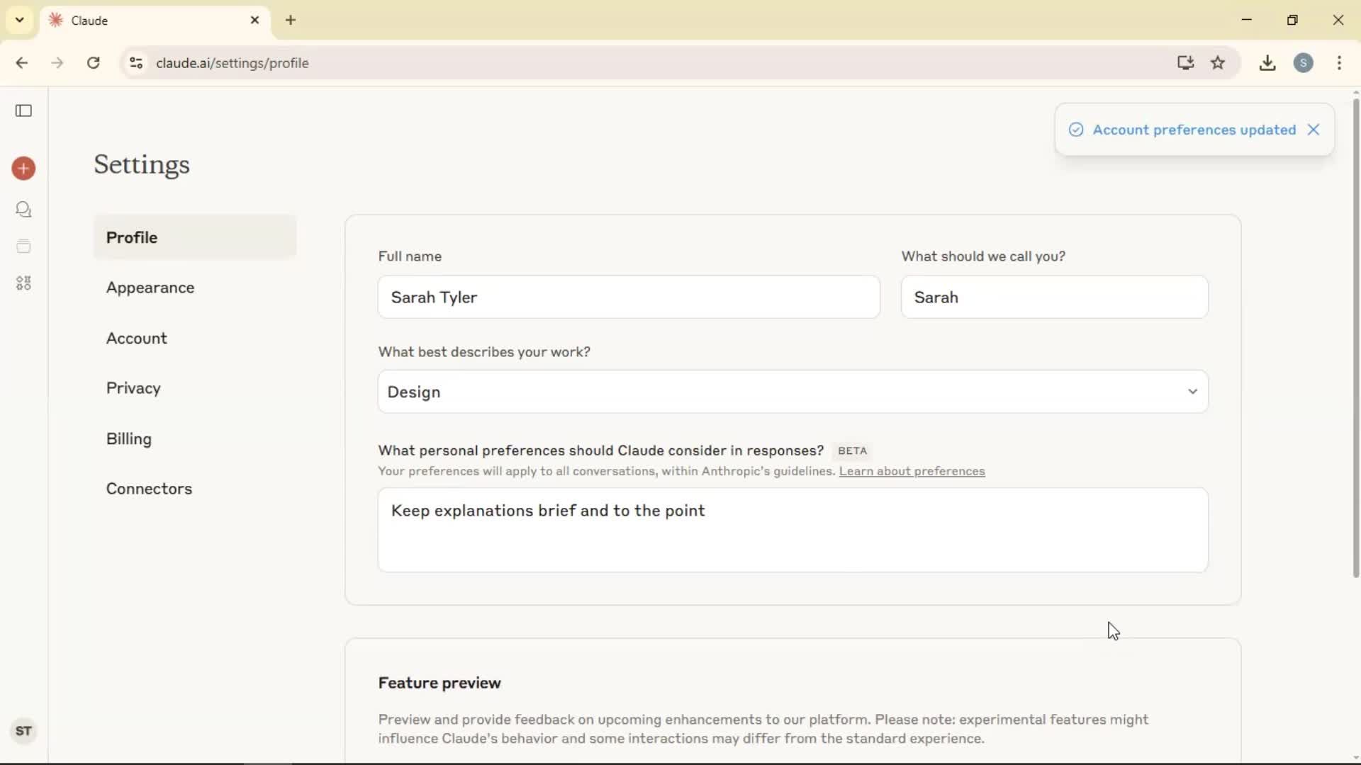 Updating your profile screenshot