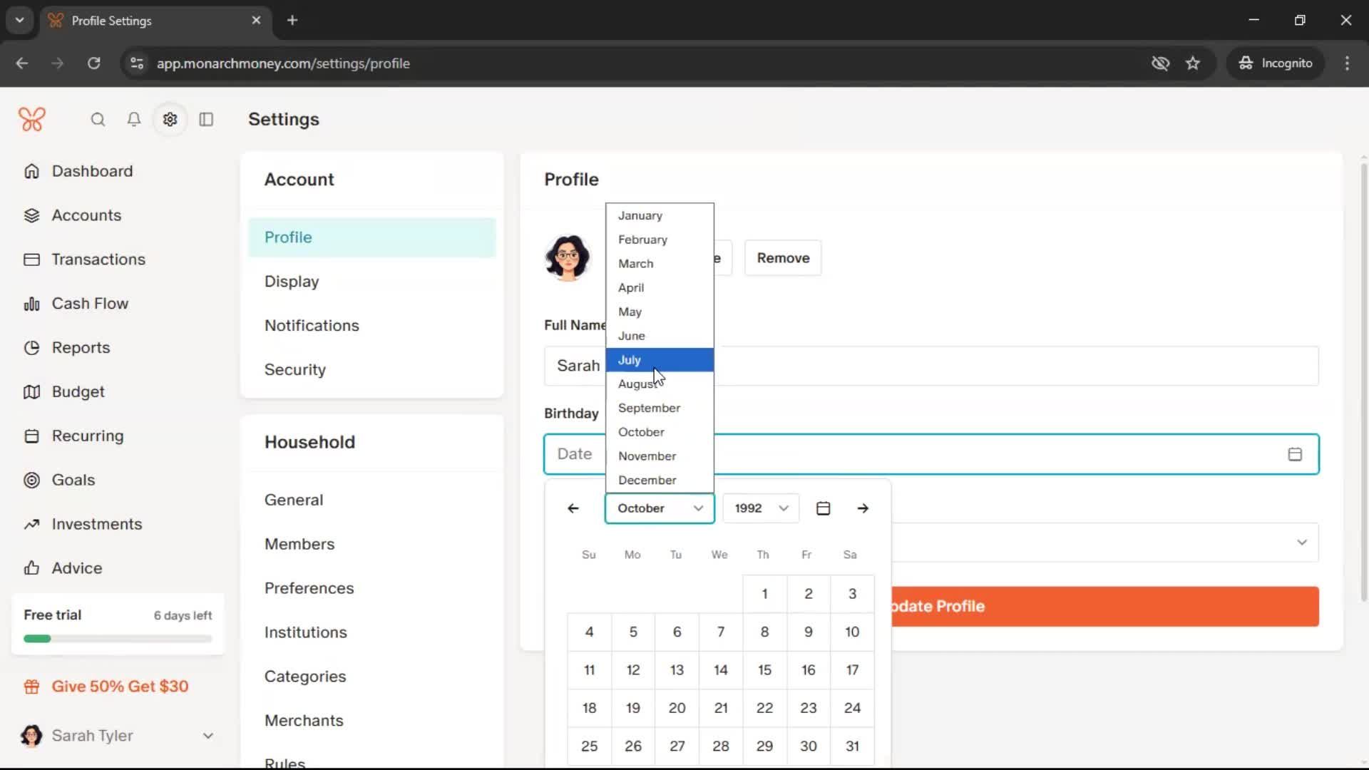 Updating your profile screenshot