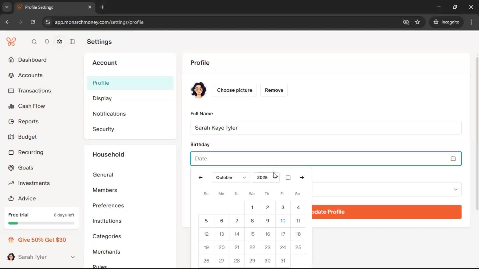 Updating your profile screenshot