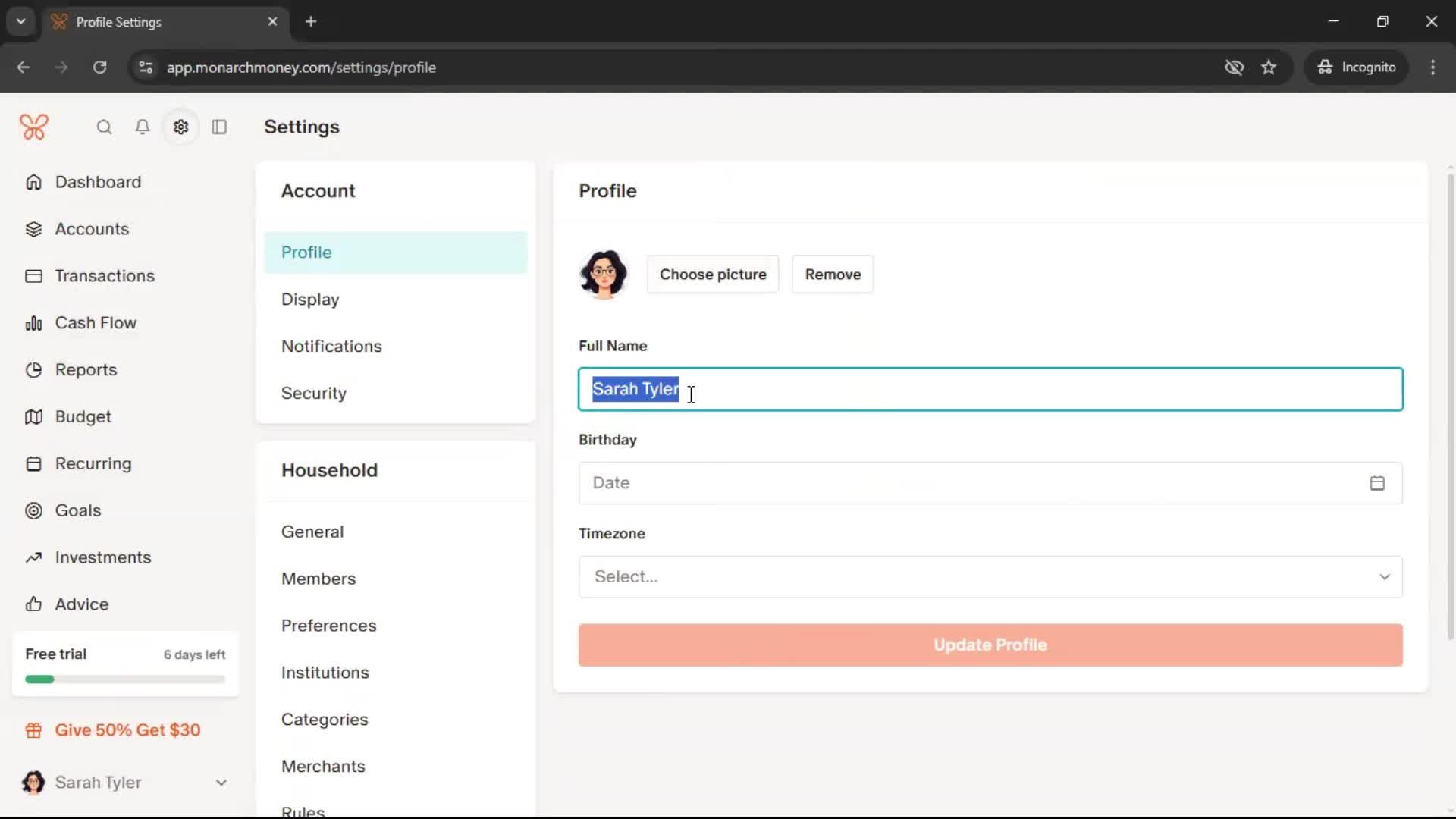 Updating your profile screenshot