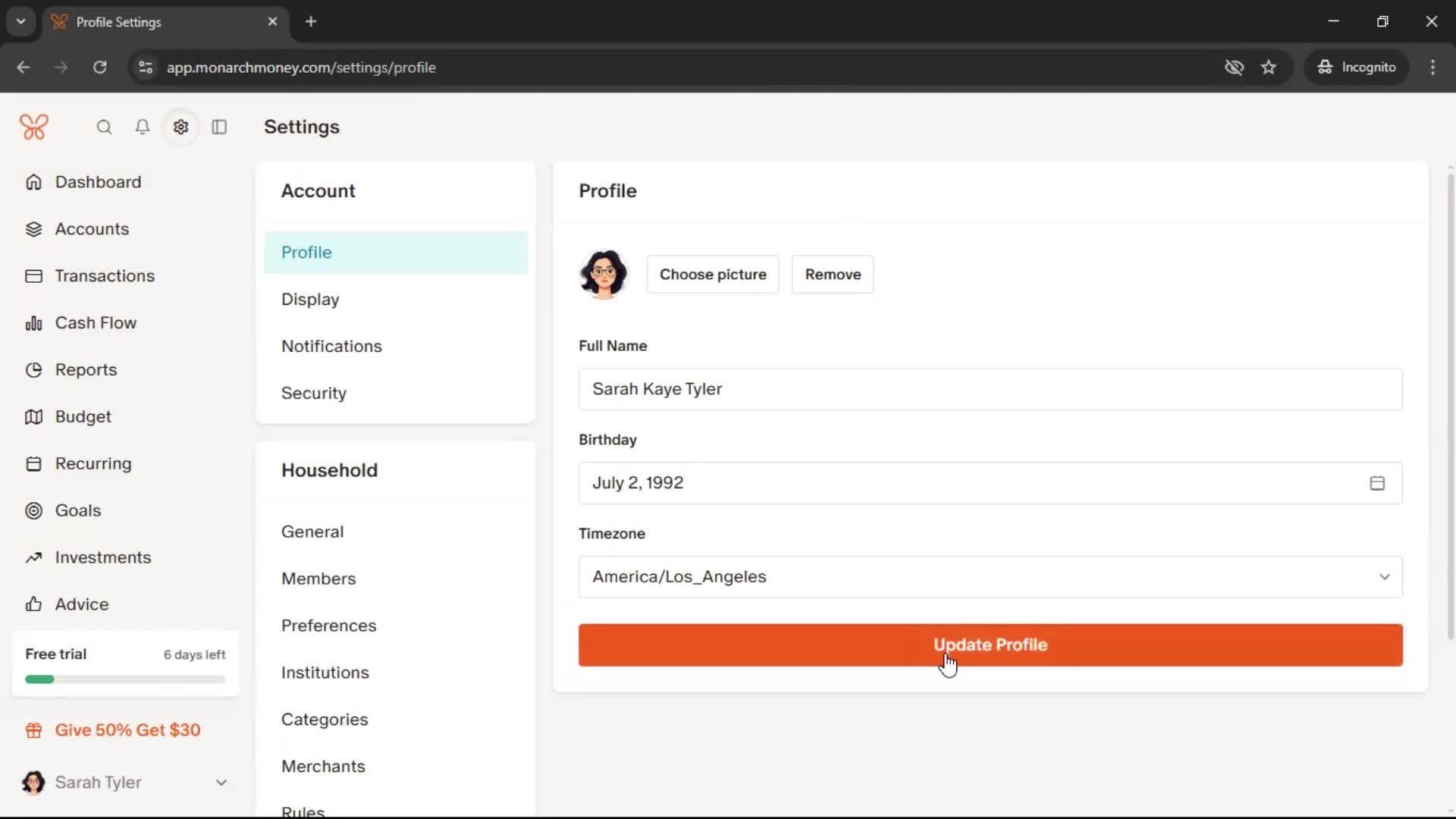 Updating your profile screenshot