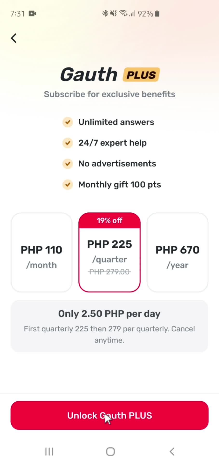 Upgrading your subscription screenshot
