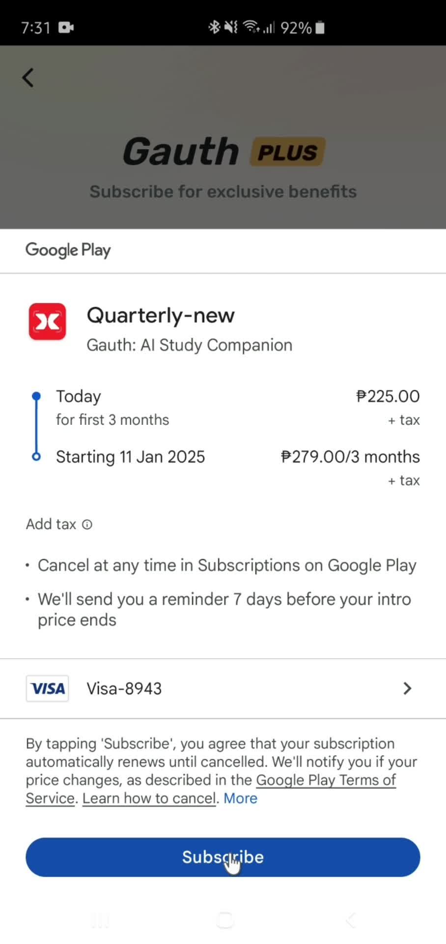 Upgrading your subscription screenshot
