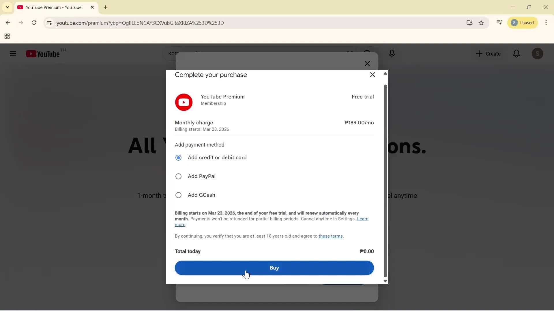 Upgrading your account screenshot