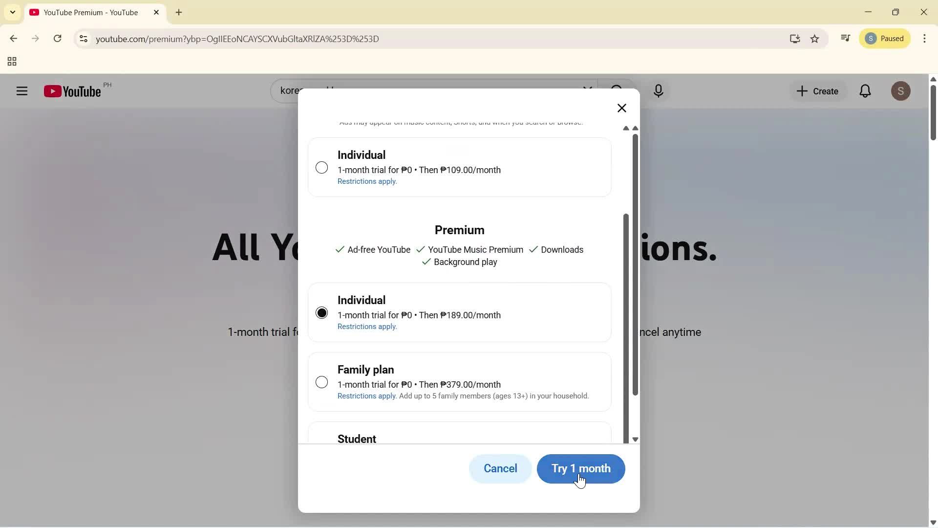 Upgrading your account screenshot