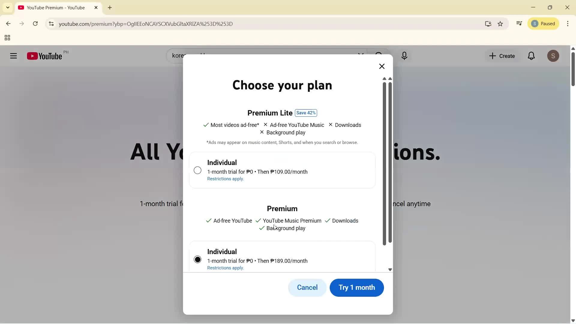 Upgrading your account screenshot