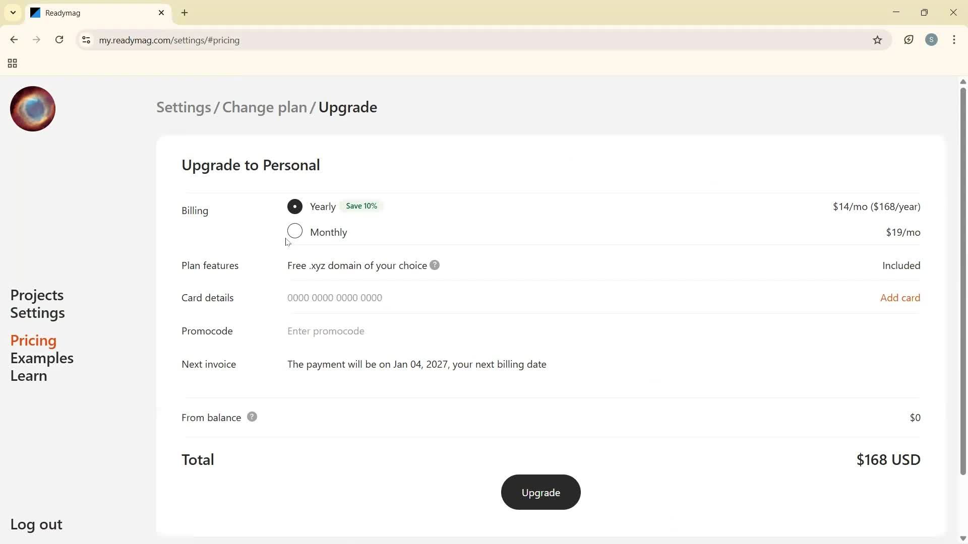 Upgrading your account screenshot