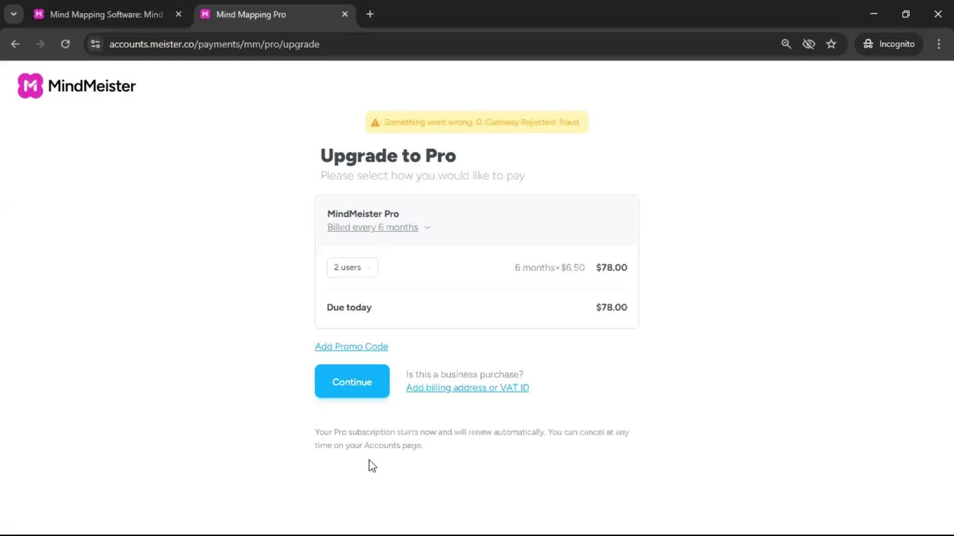 Upgrading your account screenshot