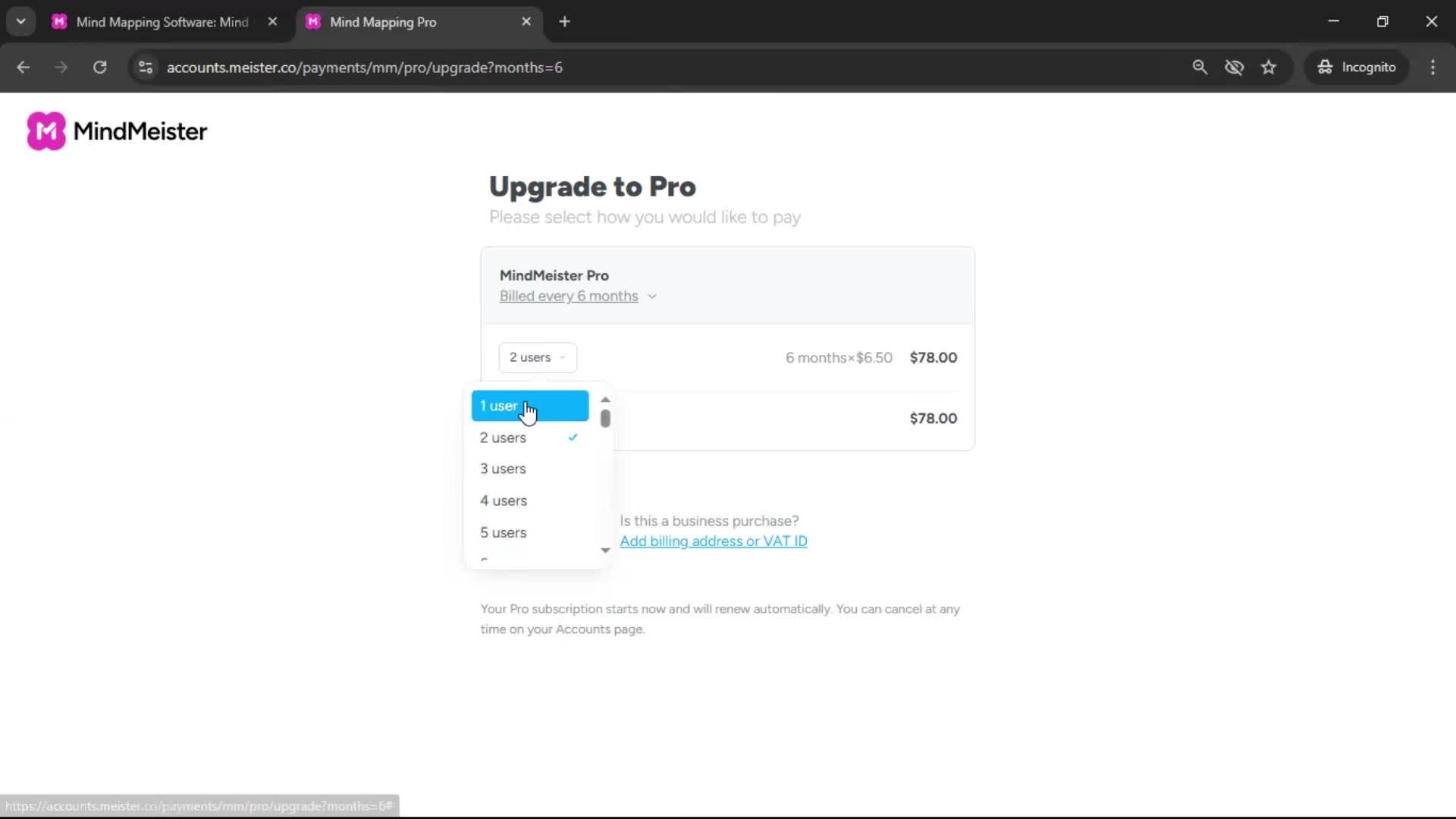 Upgrading your account screenshot