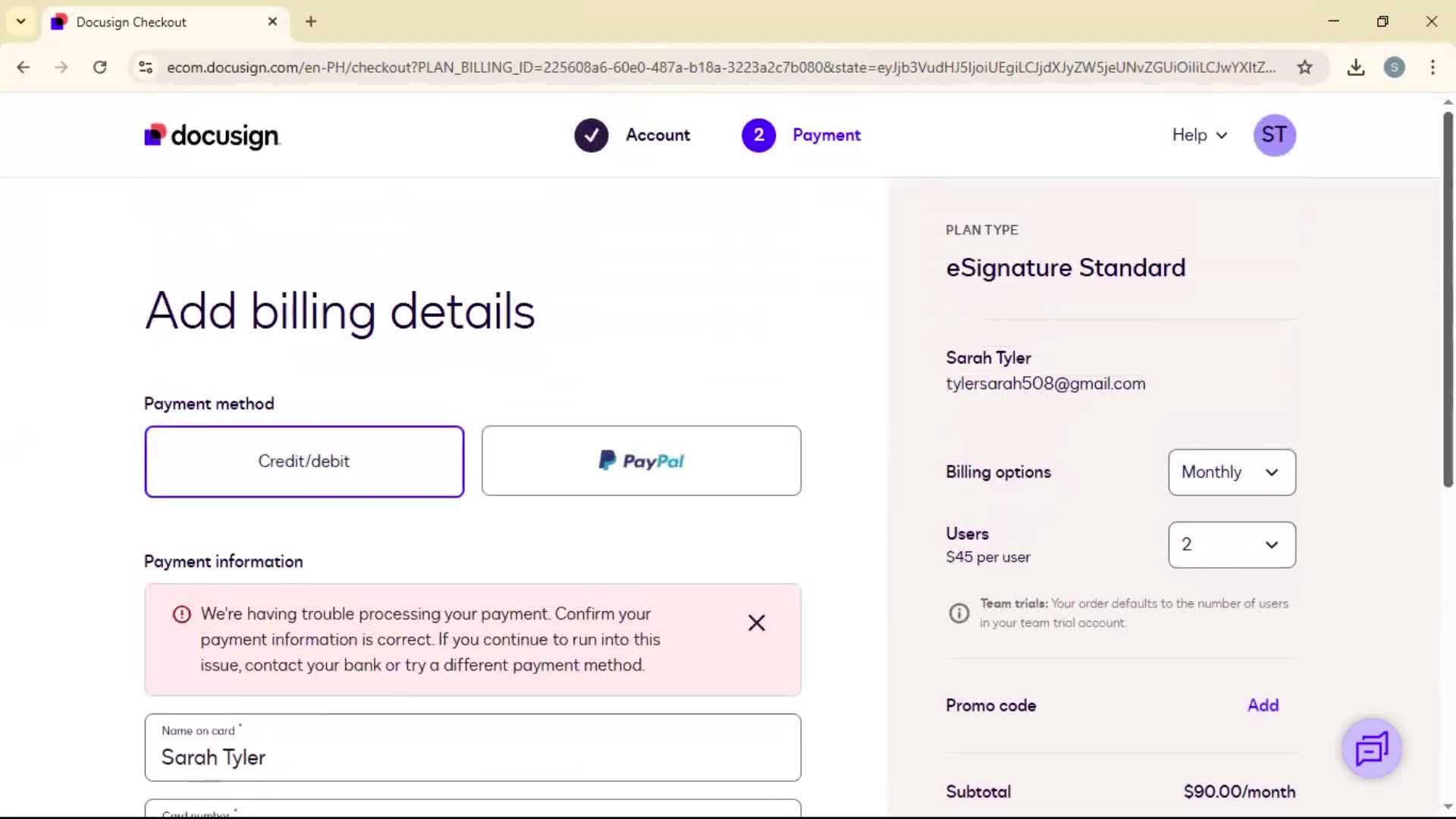 Upgrading your account screenshot