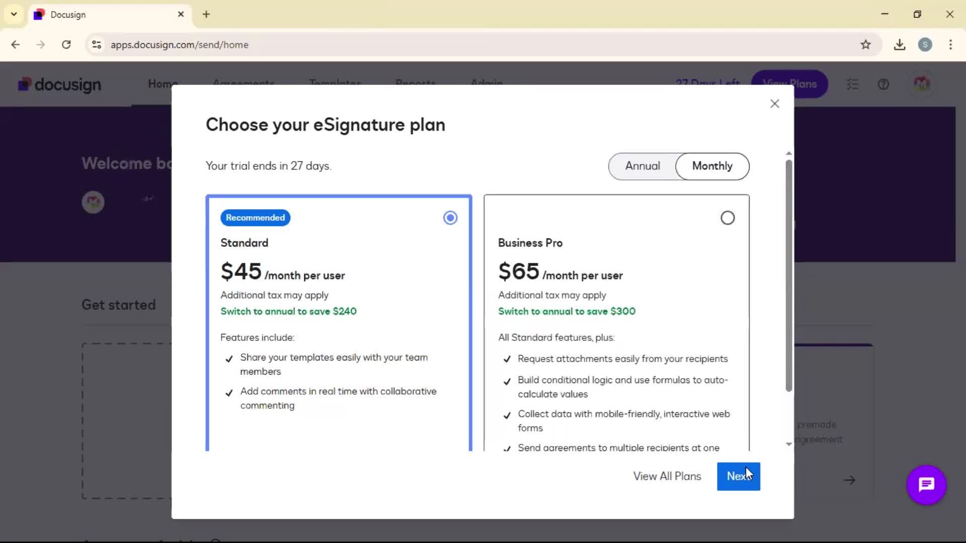 Upgrading your account screenshot