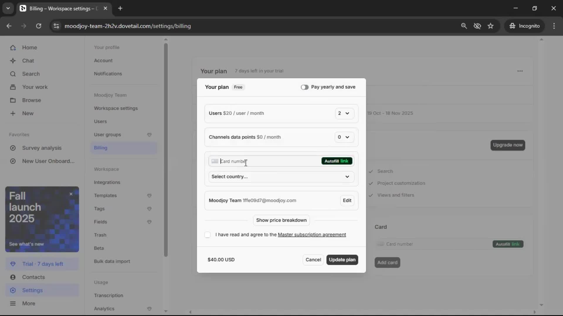 Upgrading your account screenshot