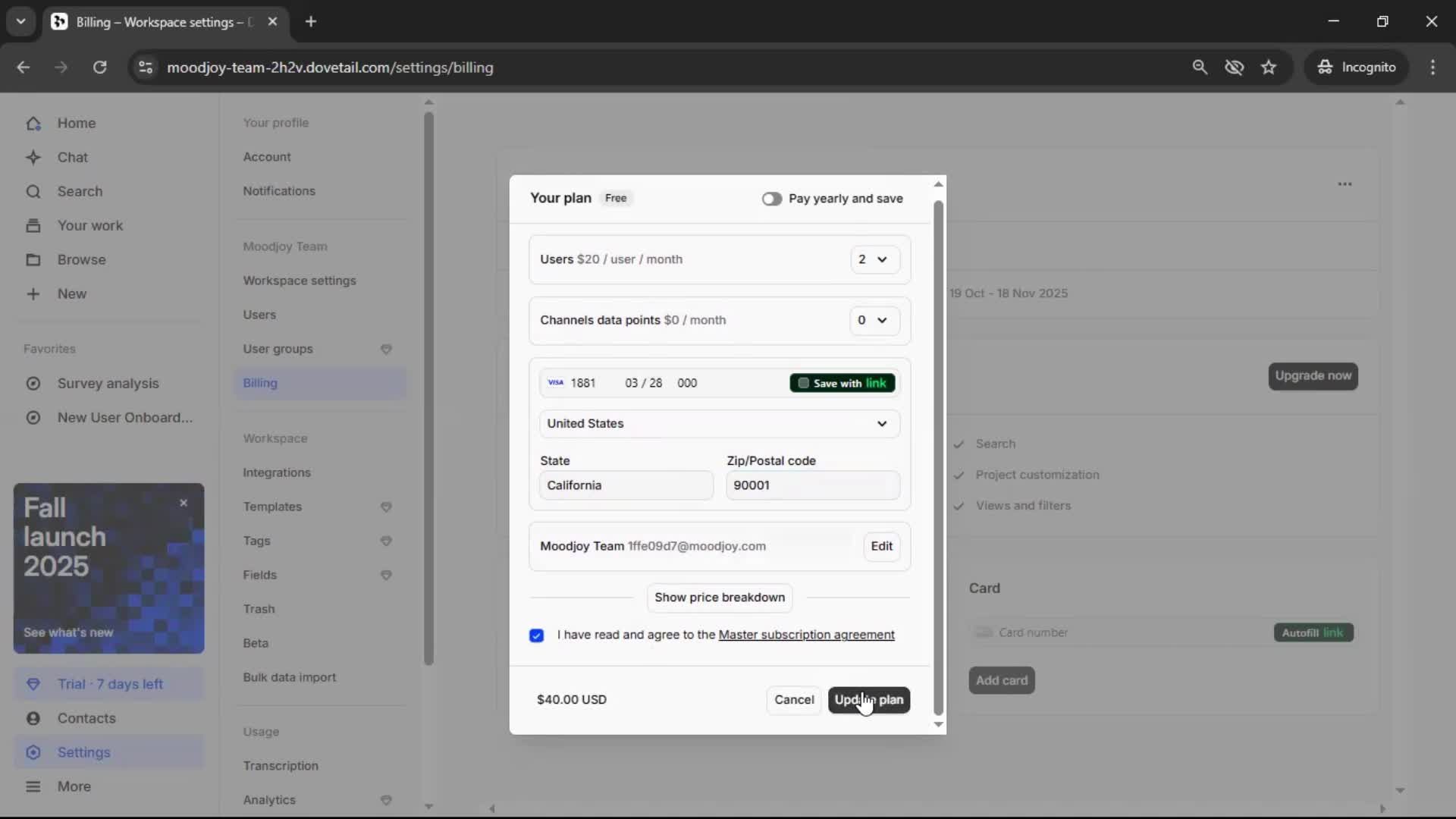 Upgrading your account screenshot