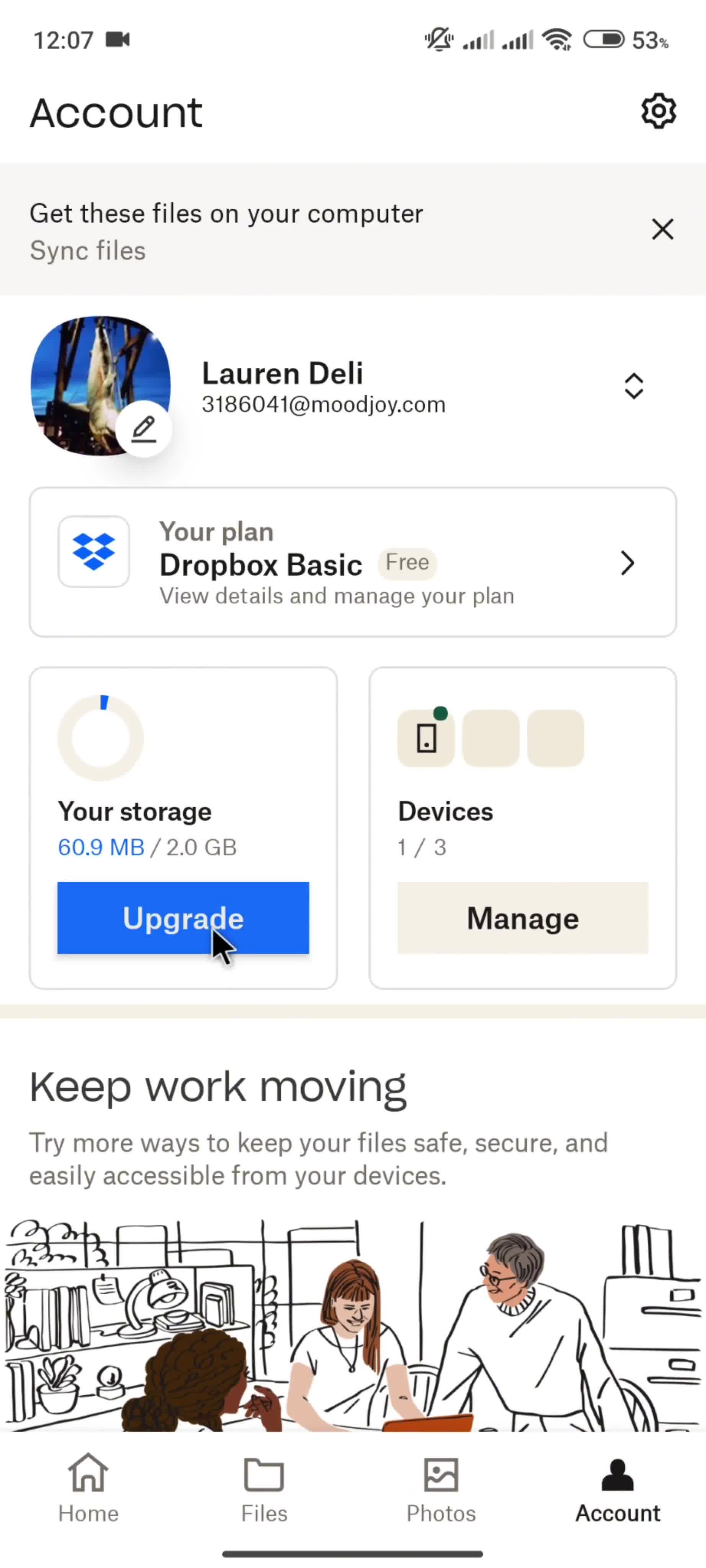 Upgrading your account screenshot