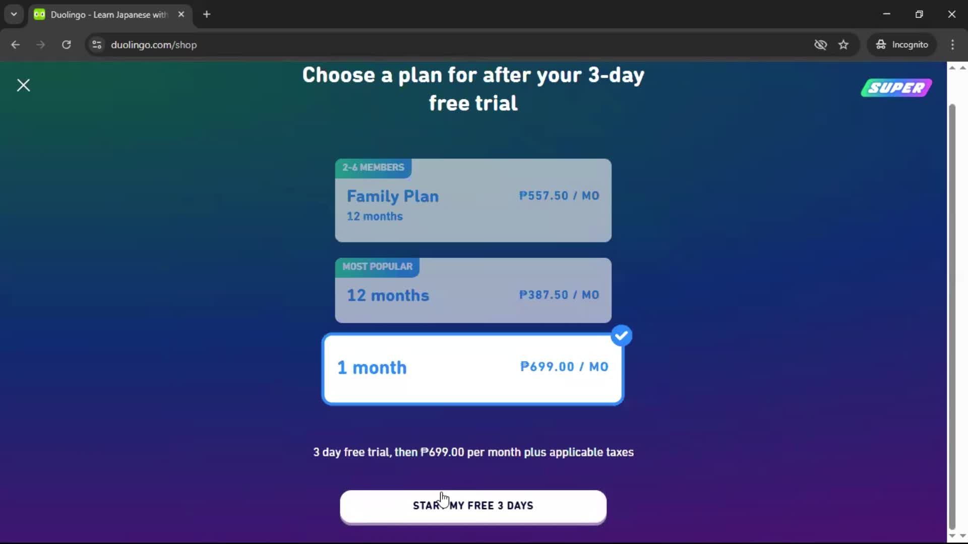 Upgrading your account screenshot