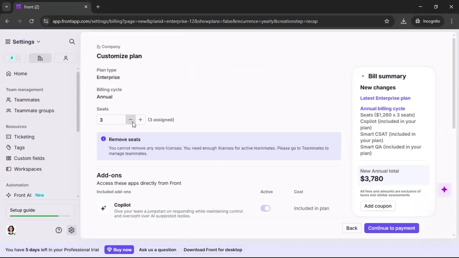 Upgrading your account screenshot