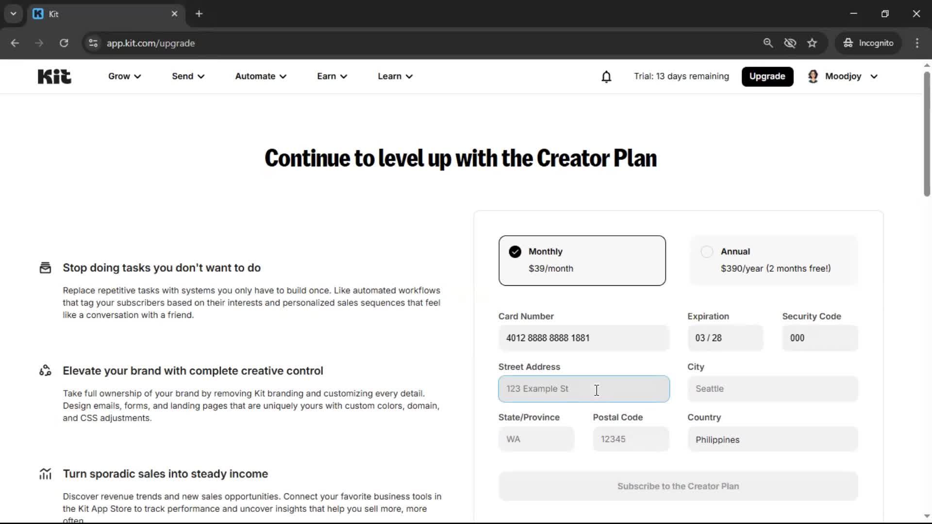 Upgrading your account screenshot
