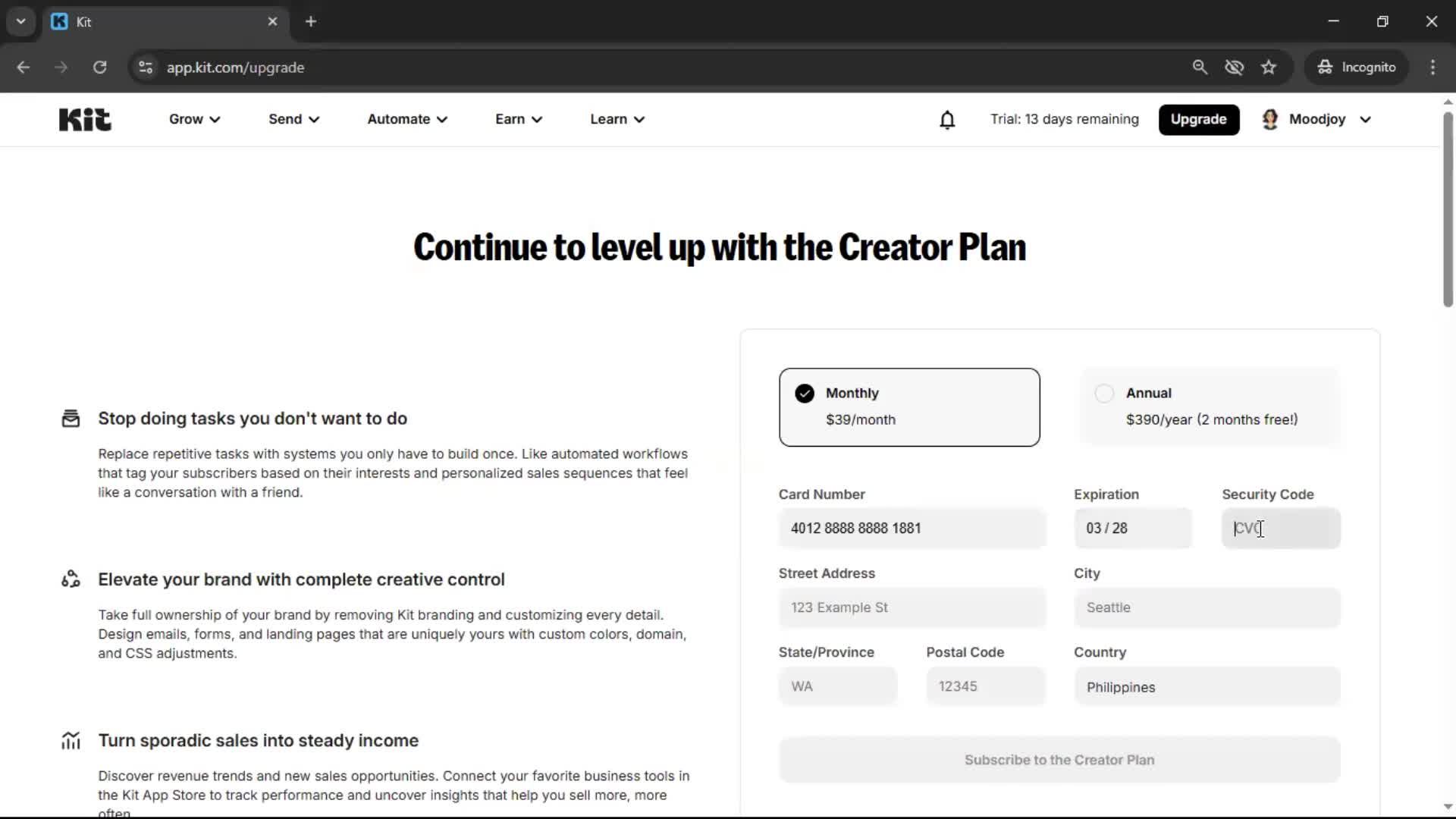 Upgrading your account screenshot