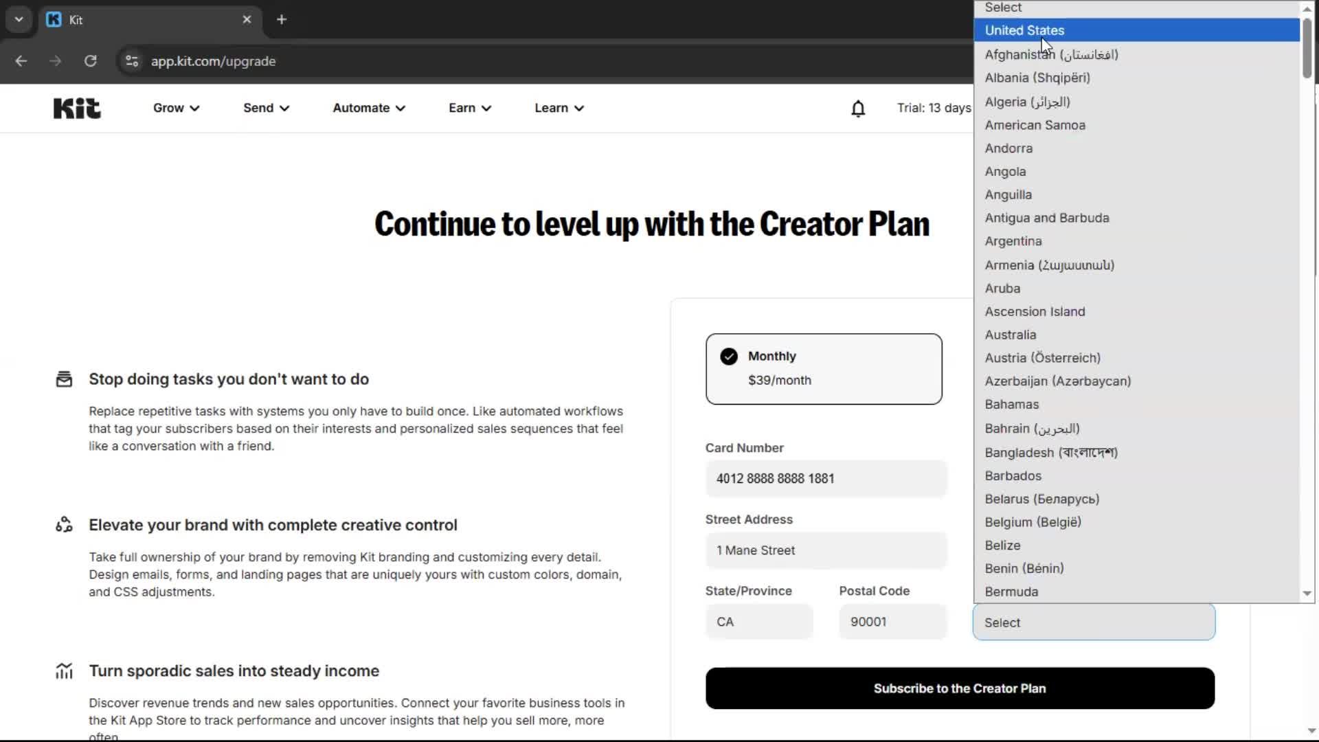 Upgrading your account screenshot