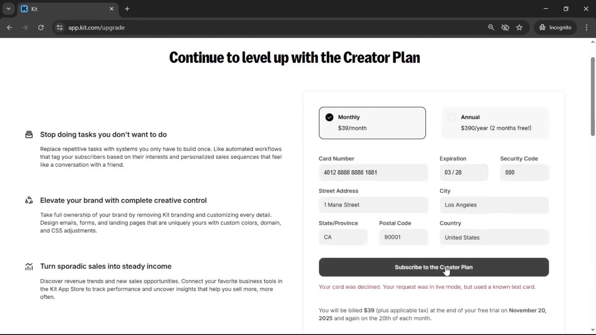 Upgrading your account screenshot