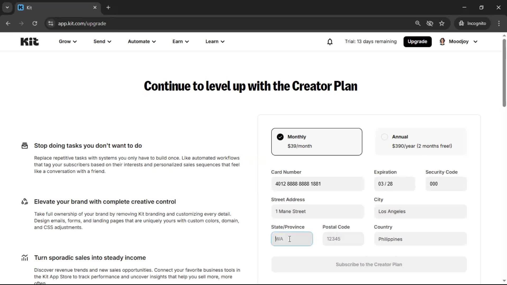 Upgrading your account screenshot