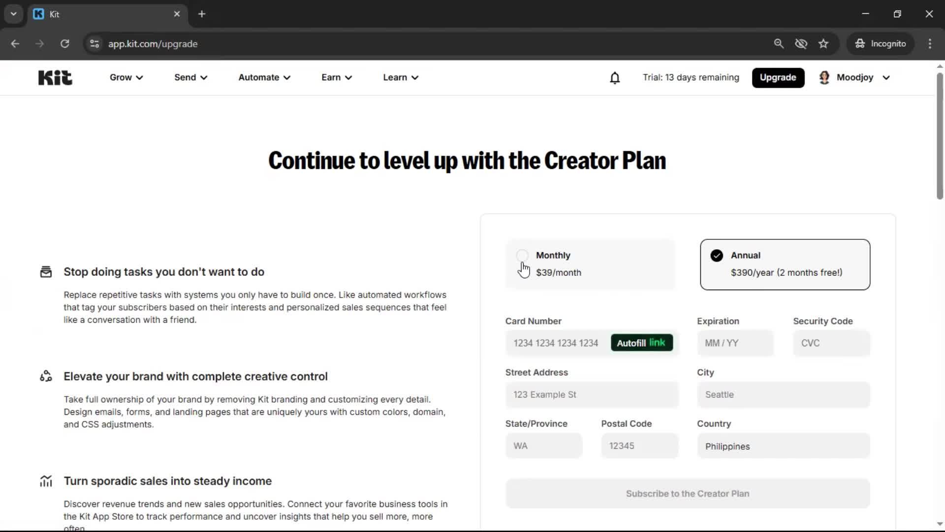 Upgrading your account screenshot