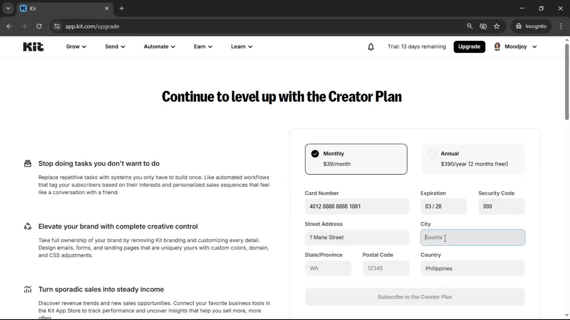Upgrading your account screenshot