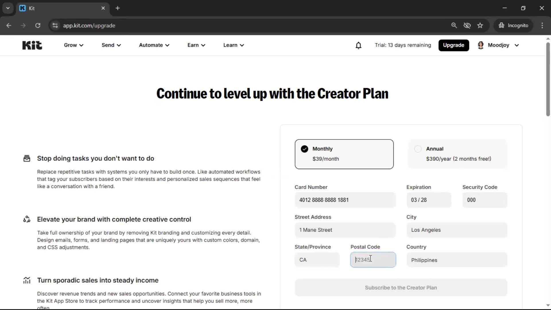 Upgrading your account screenshot