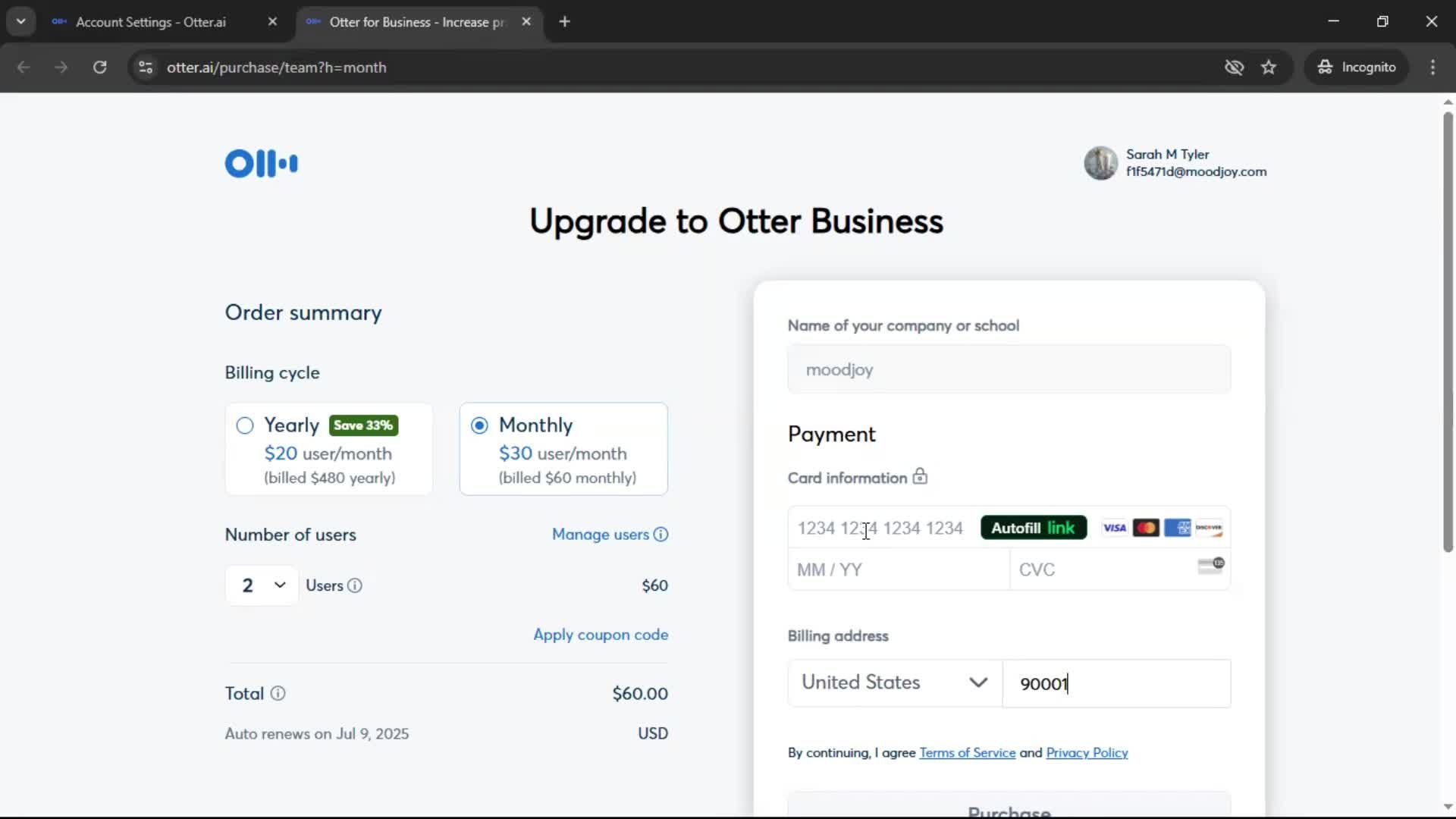 Upgrading your account screenshot
