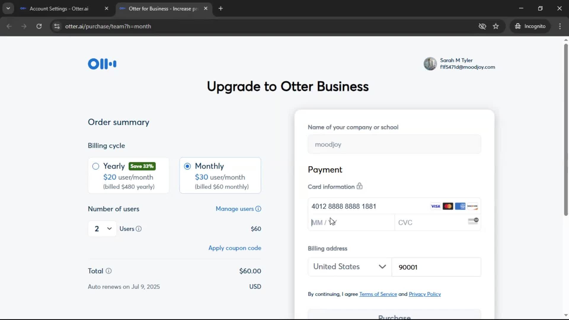 Upgrading your account screenshot