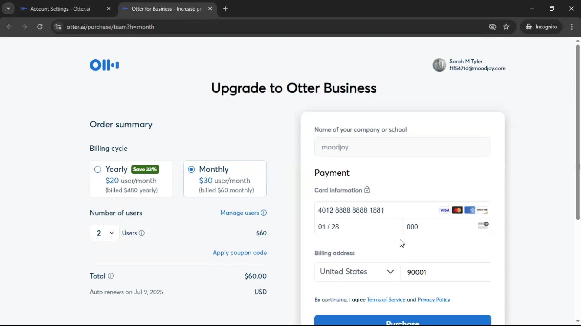 Upgrading your account screenshot