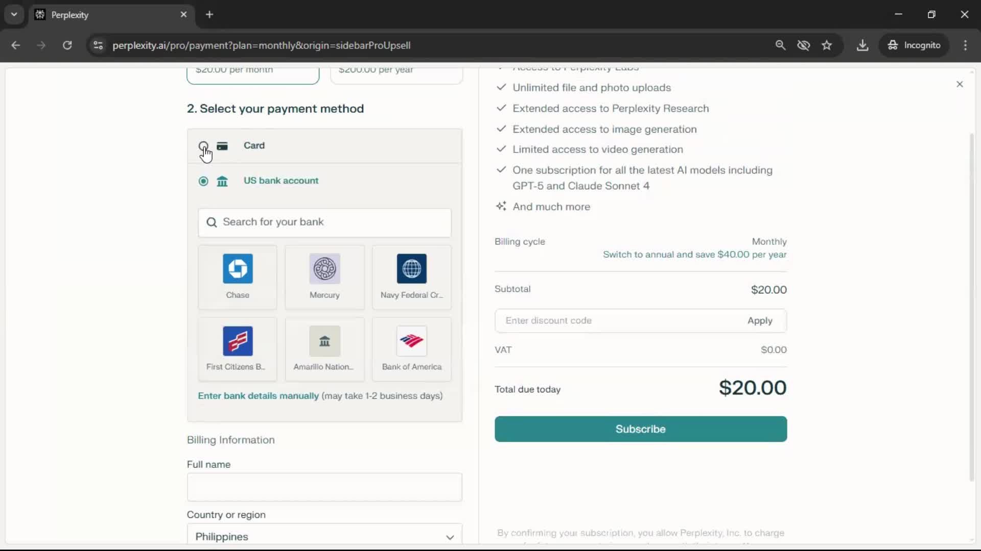 Upgrading your account screenshot