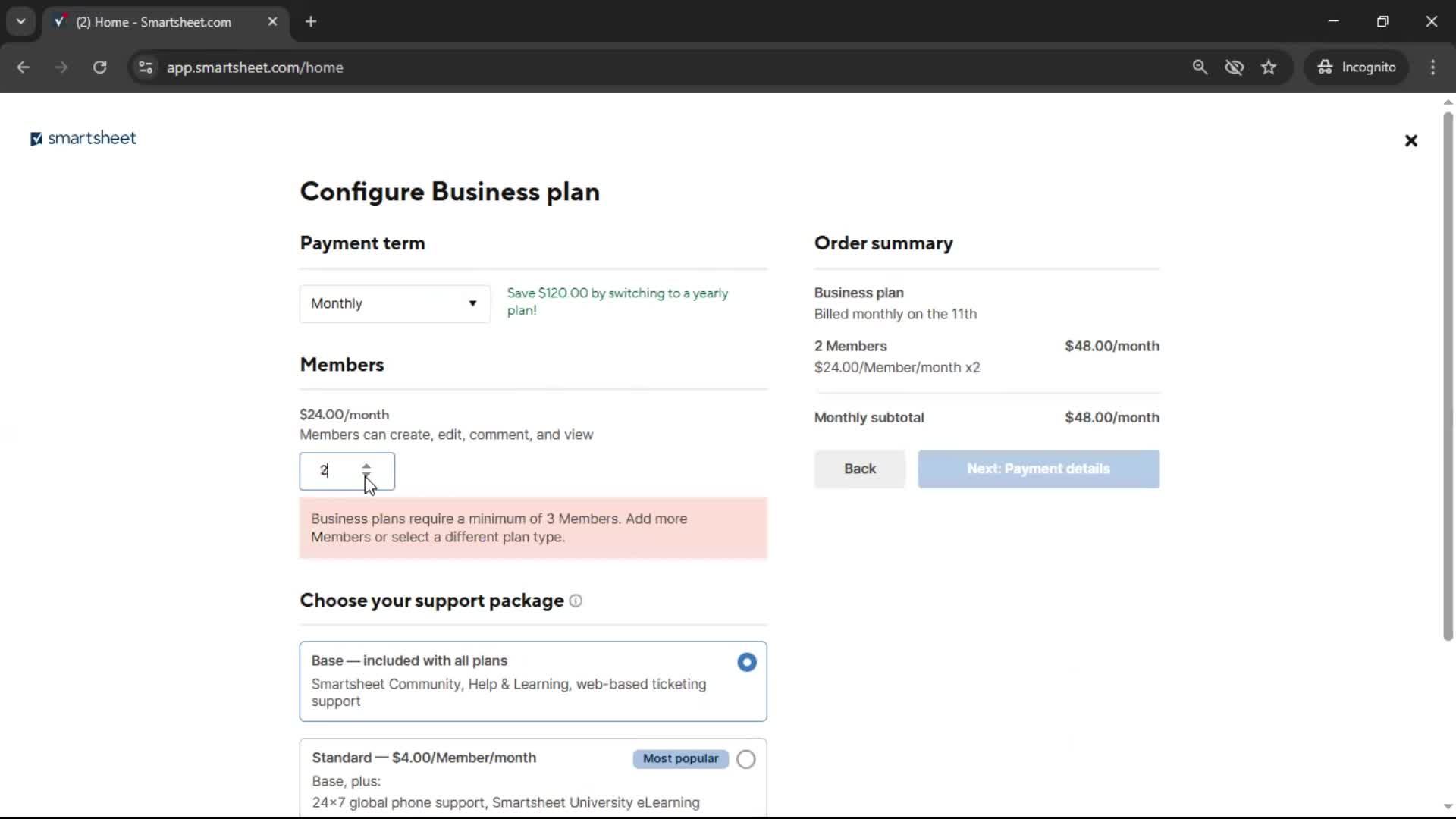 Upgrading your account screenshot