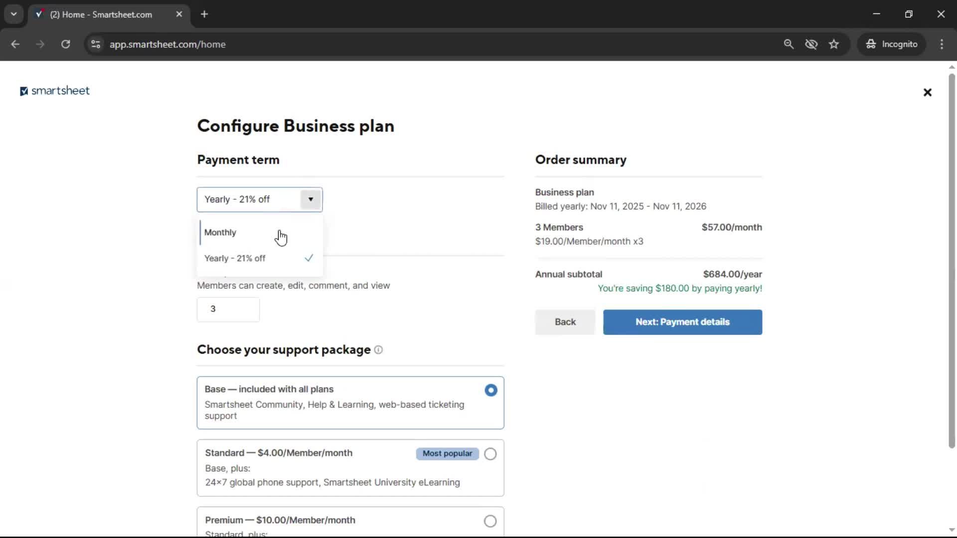 Upgrading your account screenshot