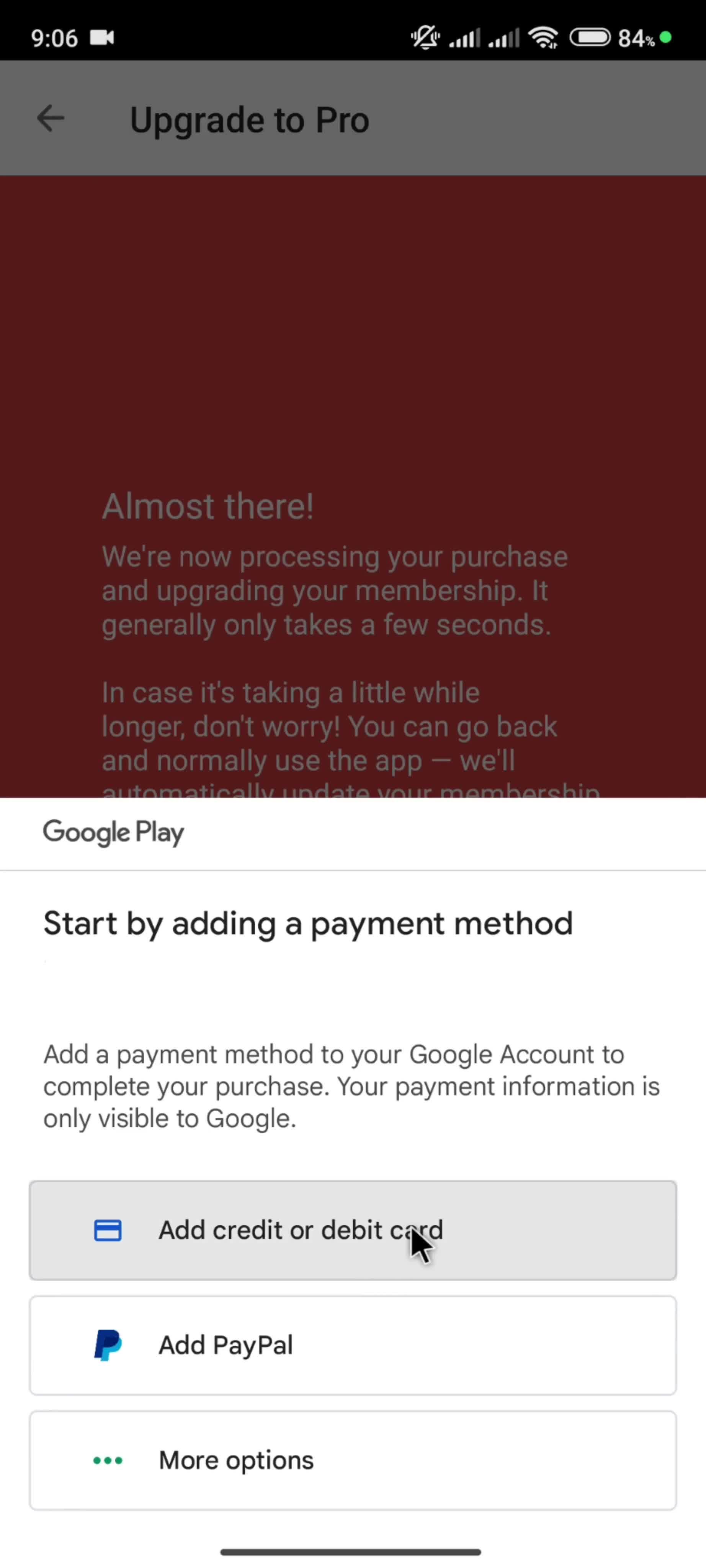 Upgrading your account screenshot