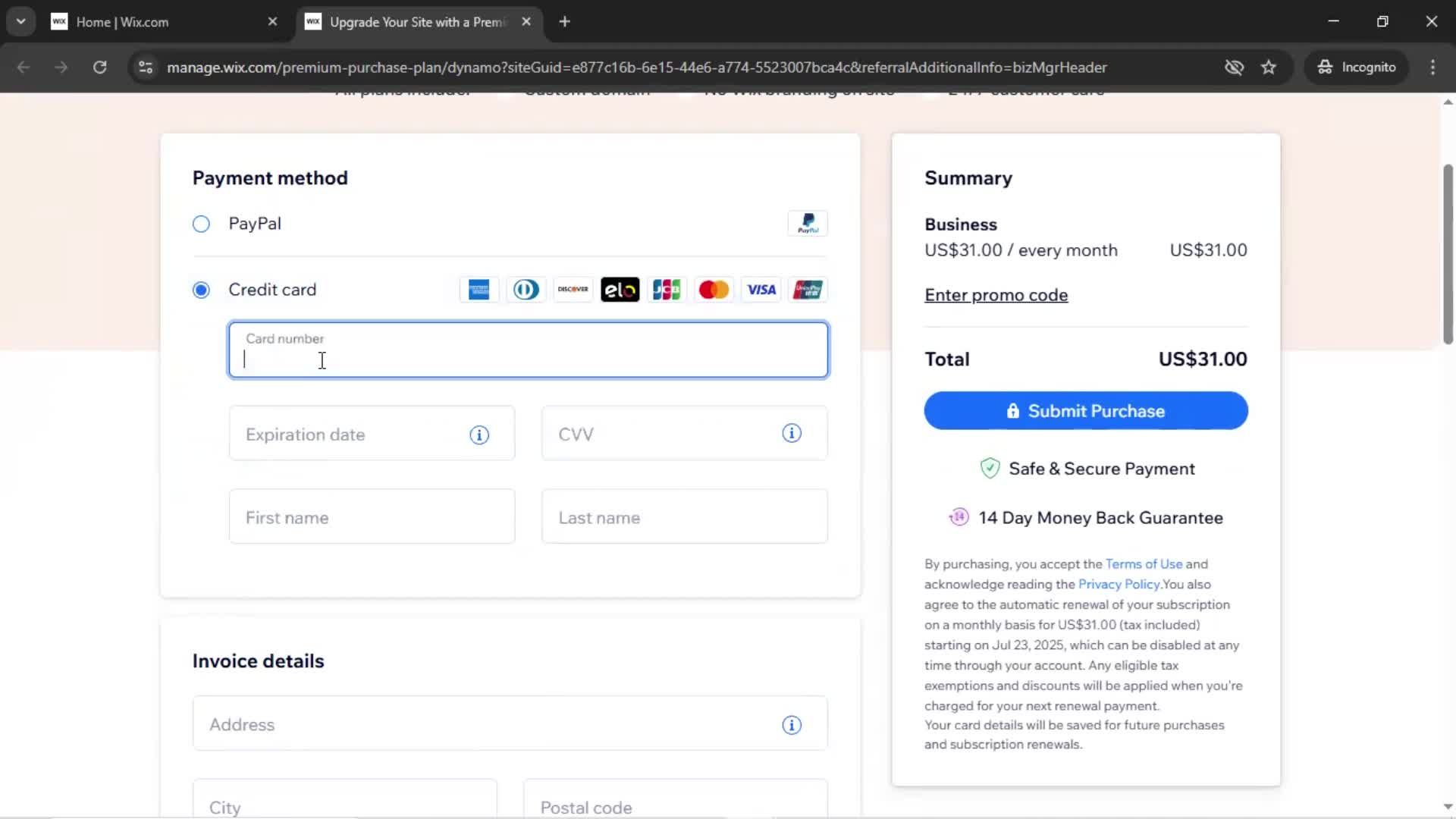 Upgrading your account screenshot