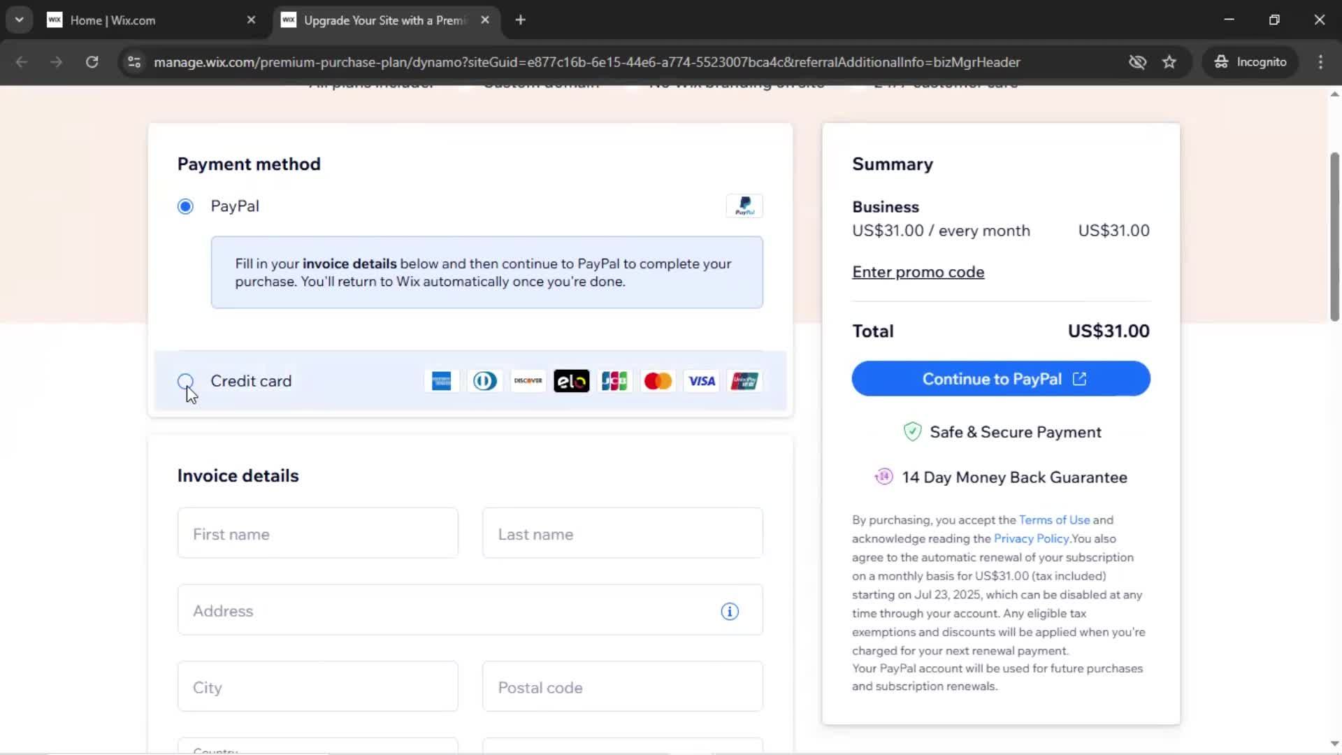 Upgrading your account screenshot