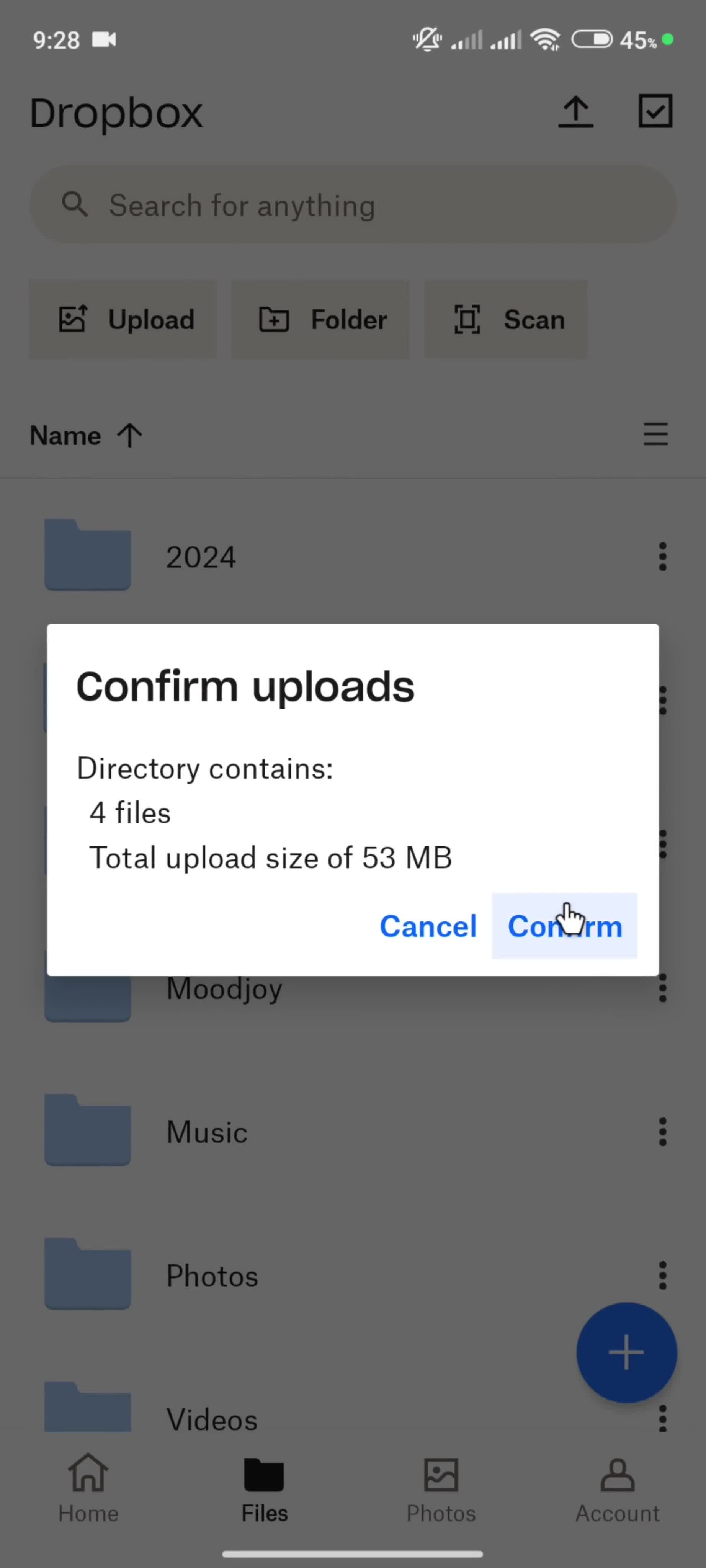 Uploading a folder screenshot