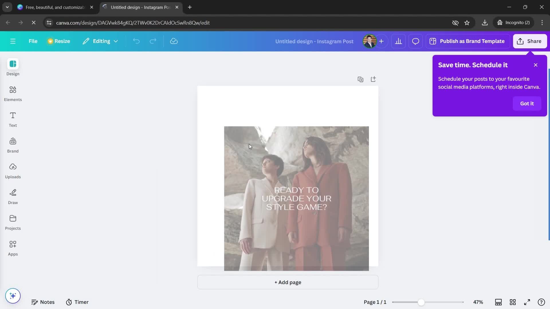 Using template on Canva video thumbnail