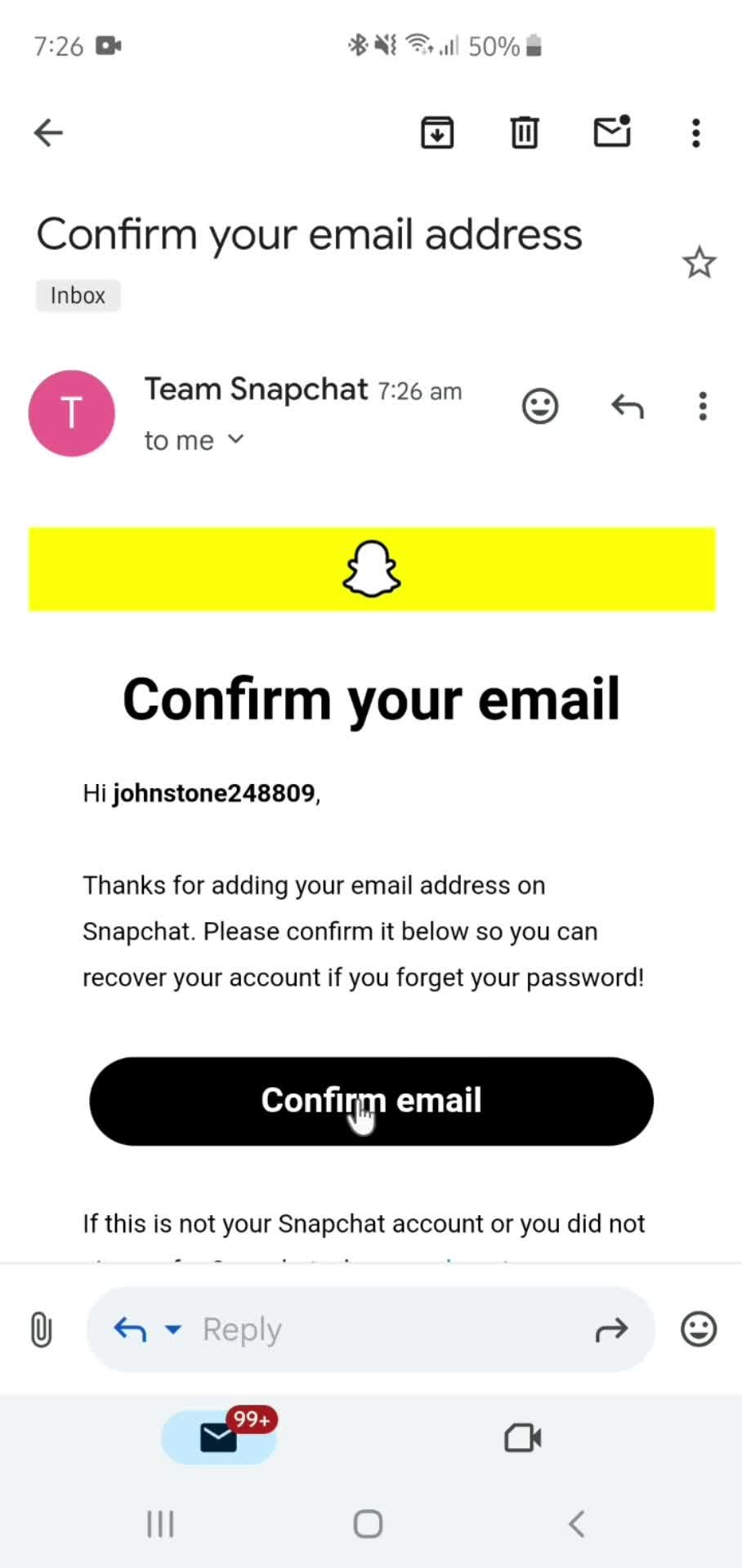 Verifying email address on Snapchat video thumbnail